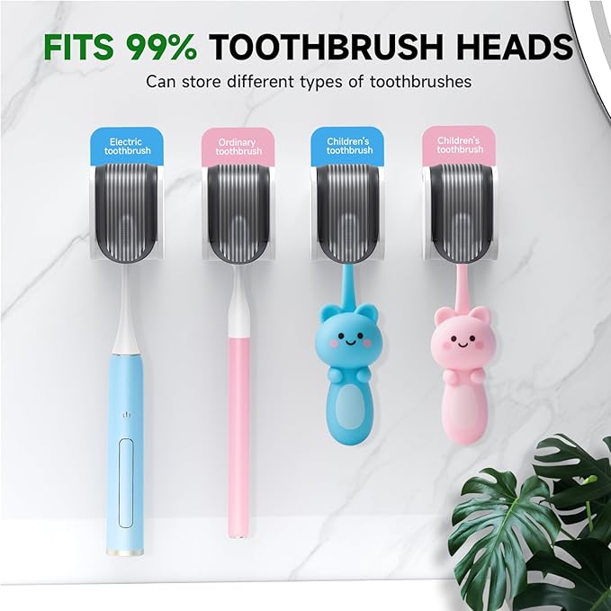 4 Pcs Toothbrush Holders Wall Mounted, Single Slot Design, Shower Self Adhesive Wall Mounted Toothbrush Holder with Cover, Waterproof and Dustproof, Suitable for Bathroom, Family, Travel (Grey)