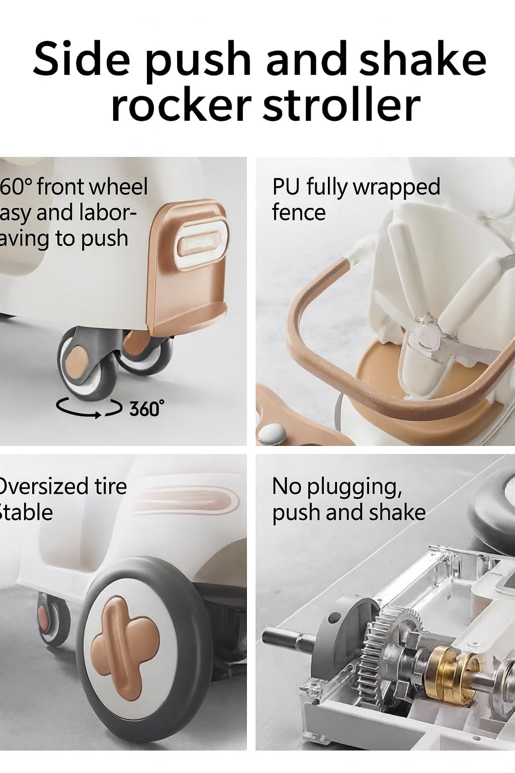MUMUBOO 3-in-1 Push Ride-On Car Stroller with Automatic Rocking | Innovative Baby & Toddler Solution - No Batteries, No Charging, Just Push & Rock (Beige)