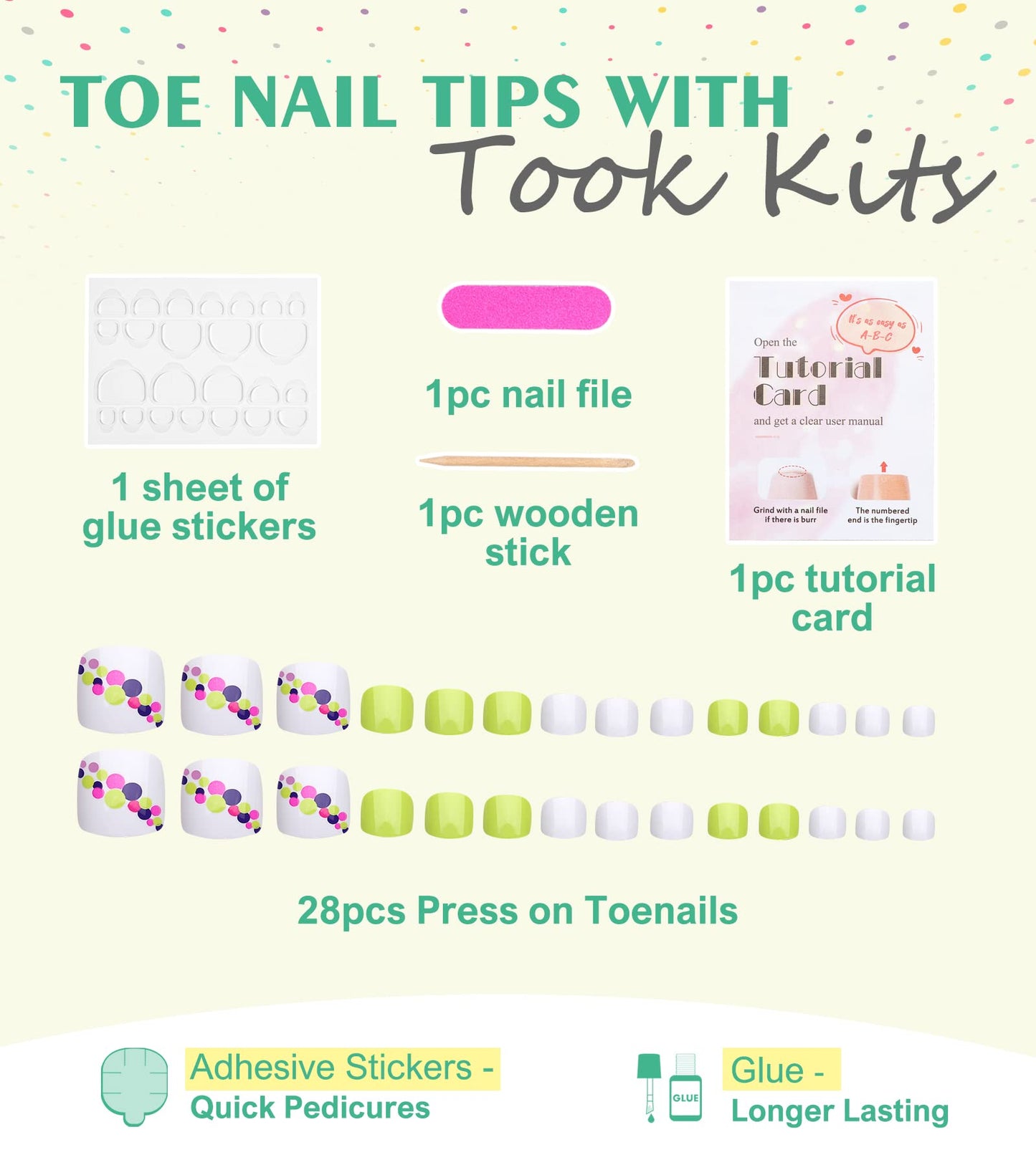 Aegenacess 28pcs Toenail Press on Summer Fake Toe Nails Press ons False Nail Tips Beach Short Pedicure Kit for Women (White Yellow Mixed Dots)