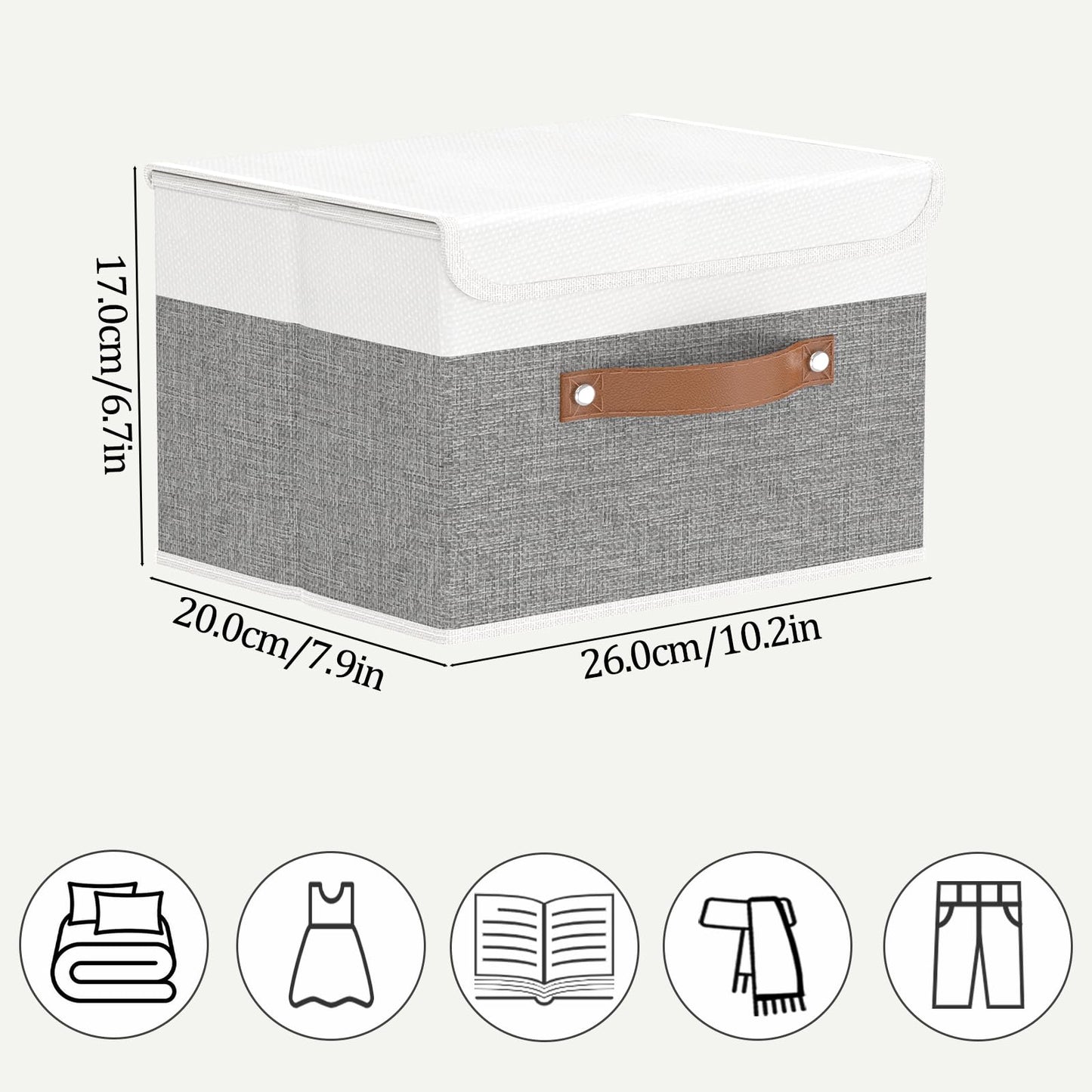 OUTBROS Storage Boxes, Collapsible Storage Bins with Lids, Cotton and linen cloth Storage Baskets with Handle, for Books, Closet, White/Grey, 3 Pack 10.2 x 7.9 x 6.7in
