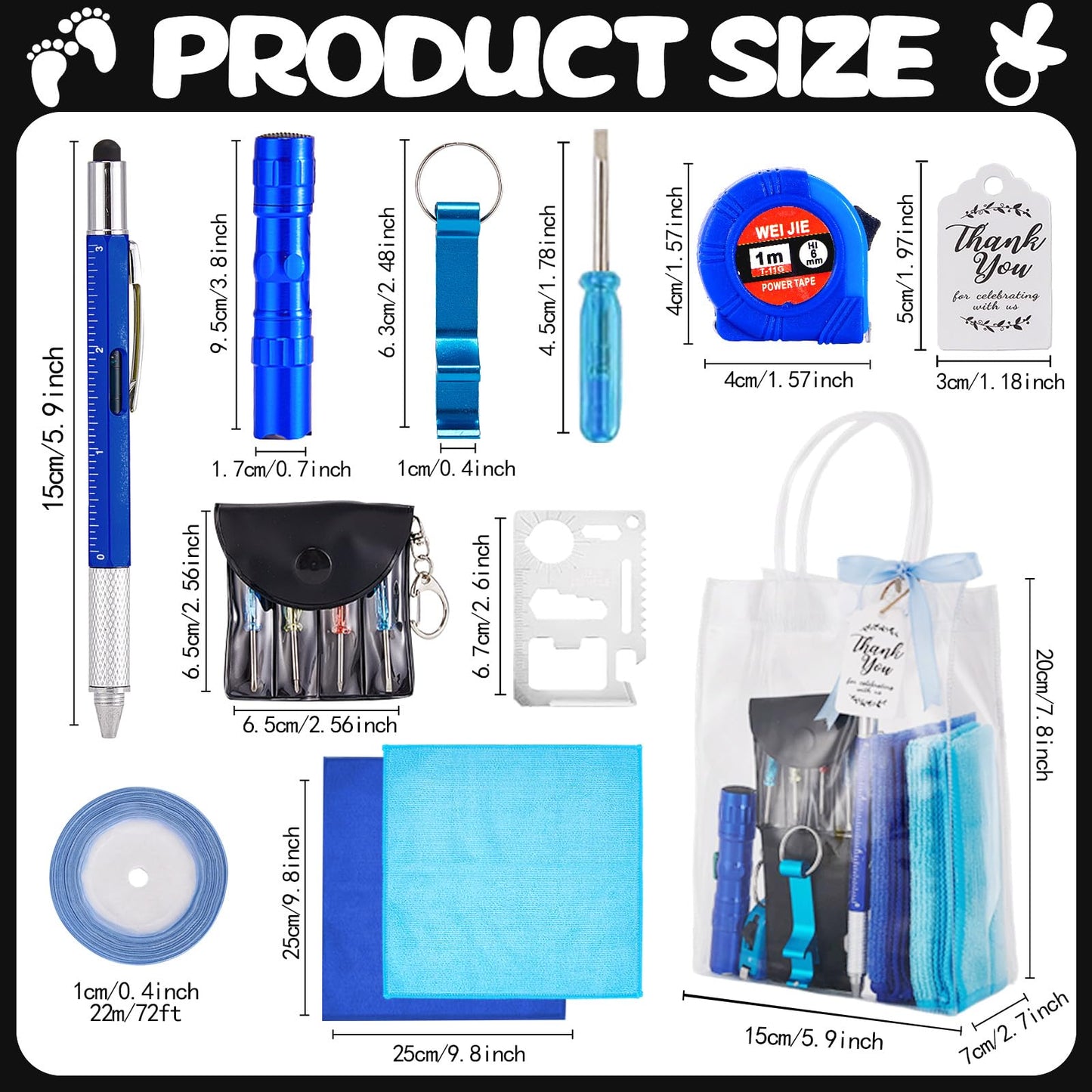 Wishfond 60PCS Baby Shower Prizes for Men 6 Set with Cleaning Cloth Bottle Opener Screwdriver Tape Measuring Keychain Multi Tool Pen Gift Bag Baby Shower Game Prizes for Winner Bachelor Party (Blue)