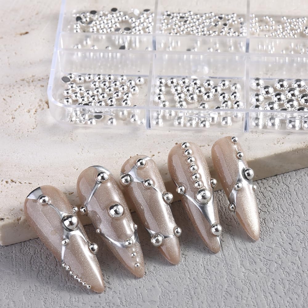 4 Boxes Mixed Sizes Flat Back Steel Beads 3D Nail Charms Kit, Gold Silver Rose Gold Black Half Round Metal Caviar Beads Balls with Pickup Tweezers Manicure DIY Crafts Decorations