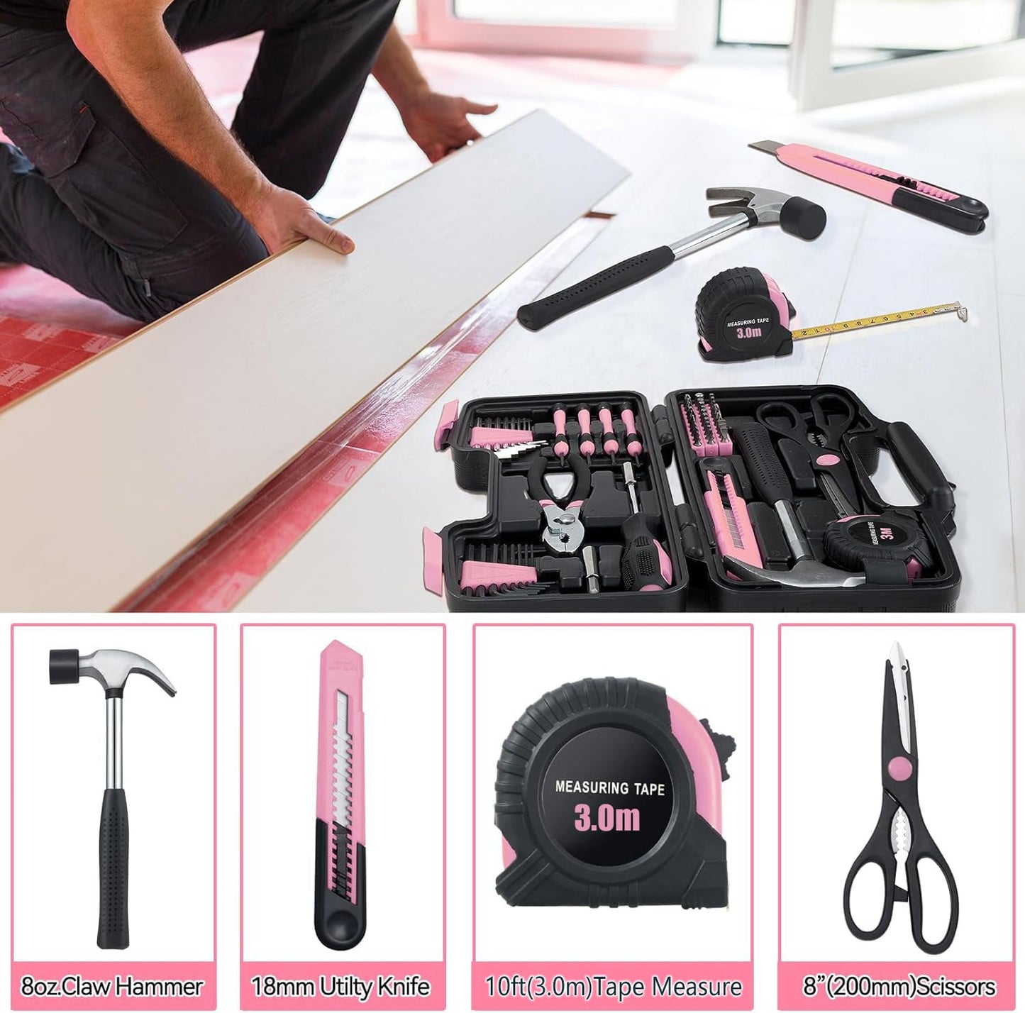 MARTCOLOR 58 Piece Household Tool Set, General Household Hand Tool Kit with Plastic Toolbox Storage Case, All Purpose Household Tool Kit for Women, Girls and Ladies, Pink