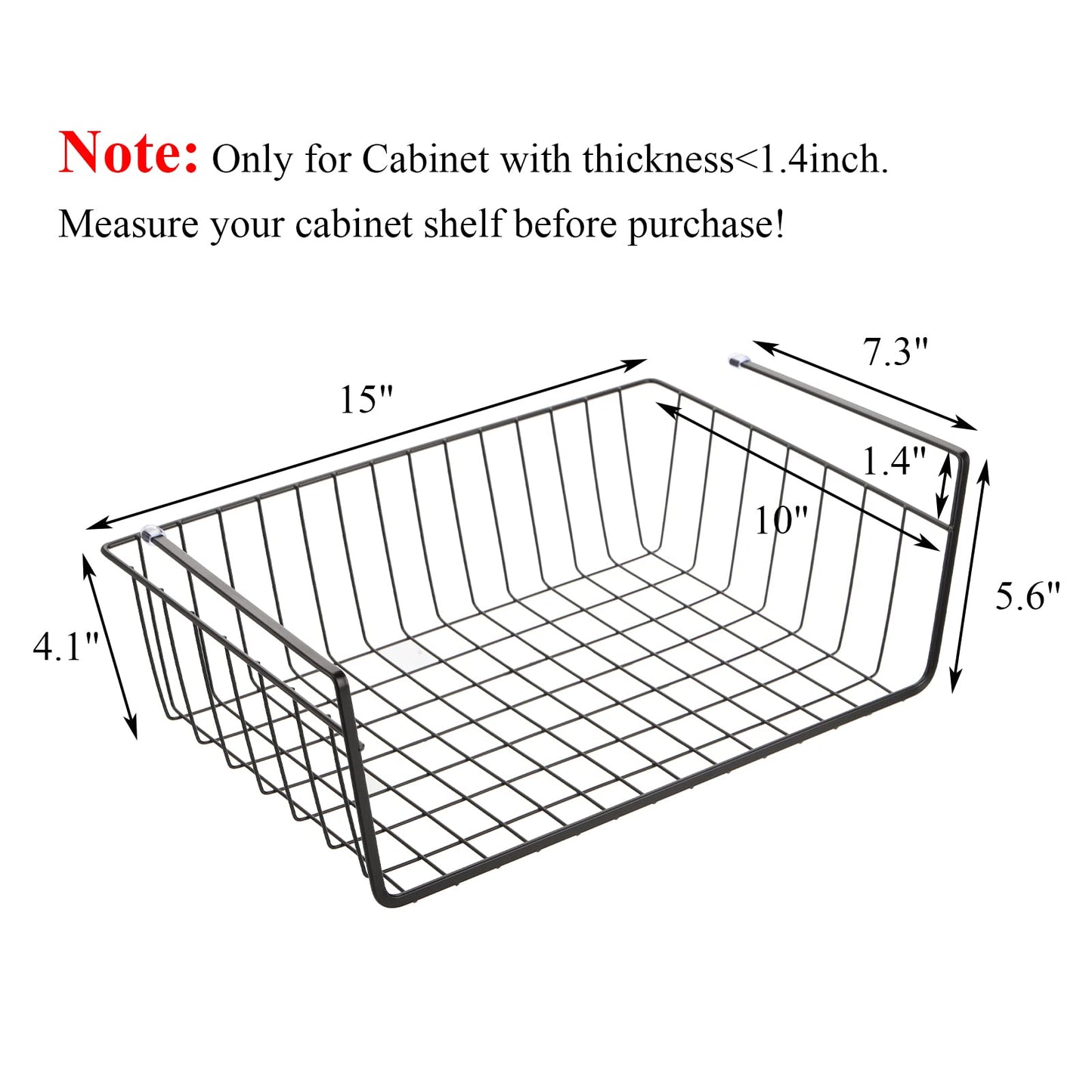 Tebery 4 Pack Black Under Shelf Wire Basket, Hanging Storage Baskets Under Cabinet Add-on Storage Racks, Slide-in Baskets Organizer for Kitchen Pantry Desk Bookshelf