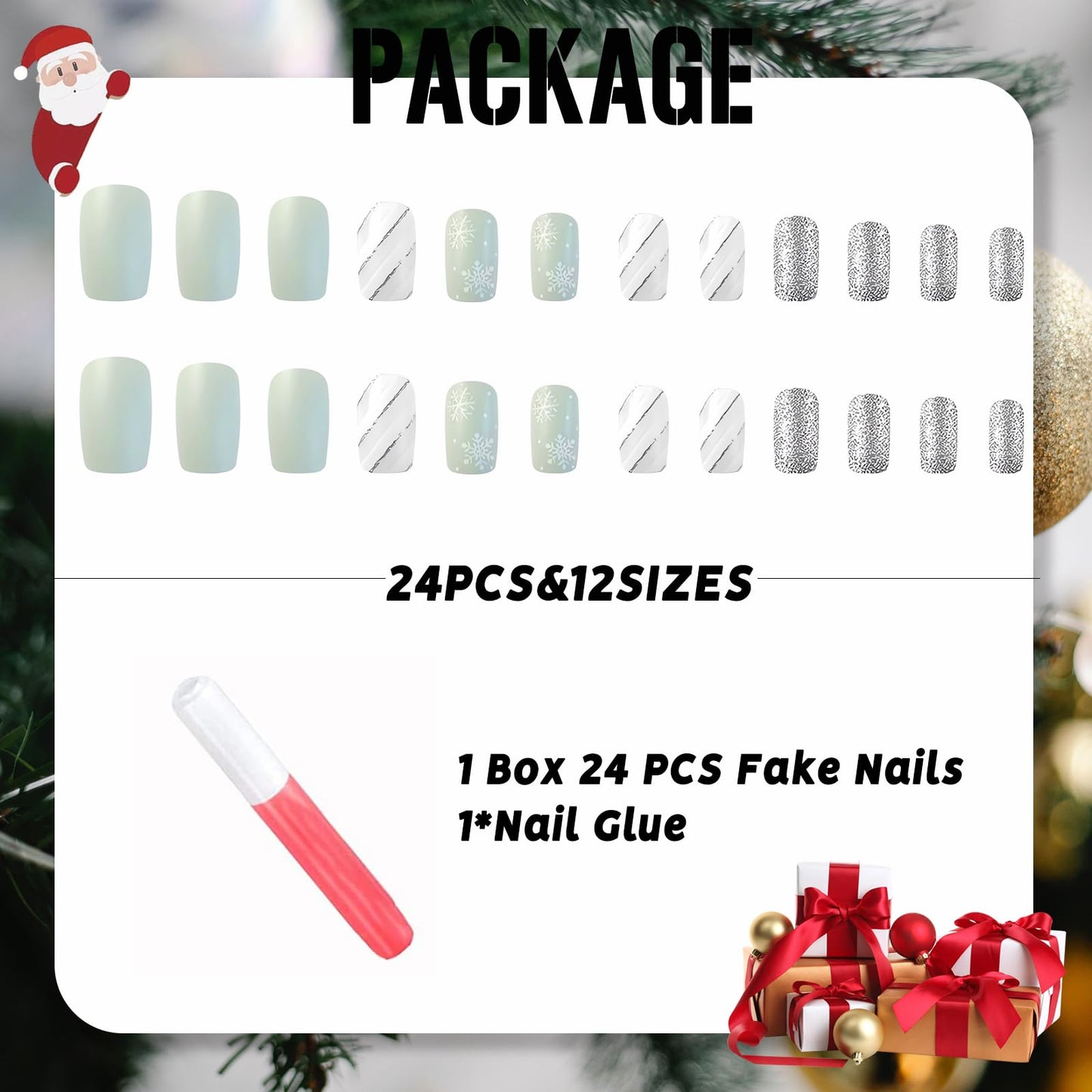 IMSOHOT Press on Nails Square Medium Fake Nails Green Glitter Full Cover Acrylic False Nails Glossy Glue on Nails with White Snowflake Designs 24Pcs