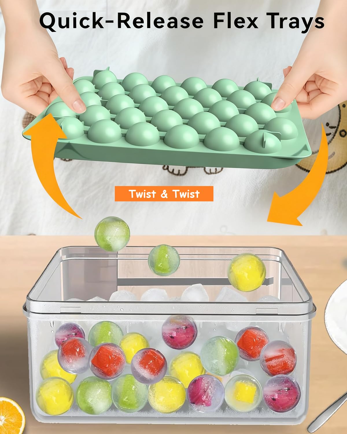 Mini Ice CubeTray with Lid & Storage Bin - 64 Pcs 0.75 Inch Small Sphere Ice Cube Mold Maker, BPA-Free Easy Release Silicone Base, Stackable Ice Trays for Freezer for Cocktails, Coffee