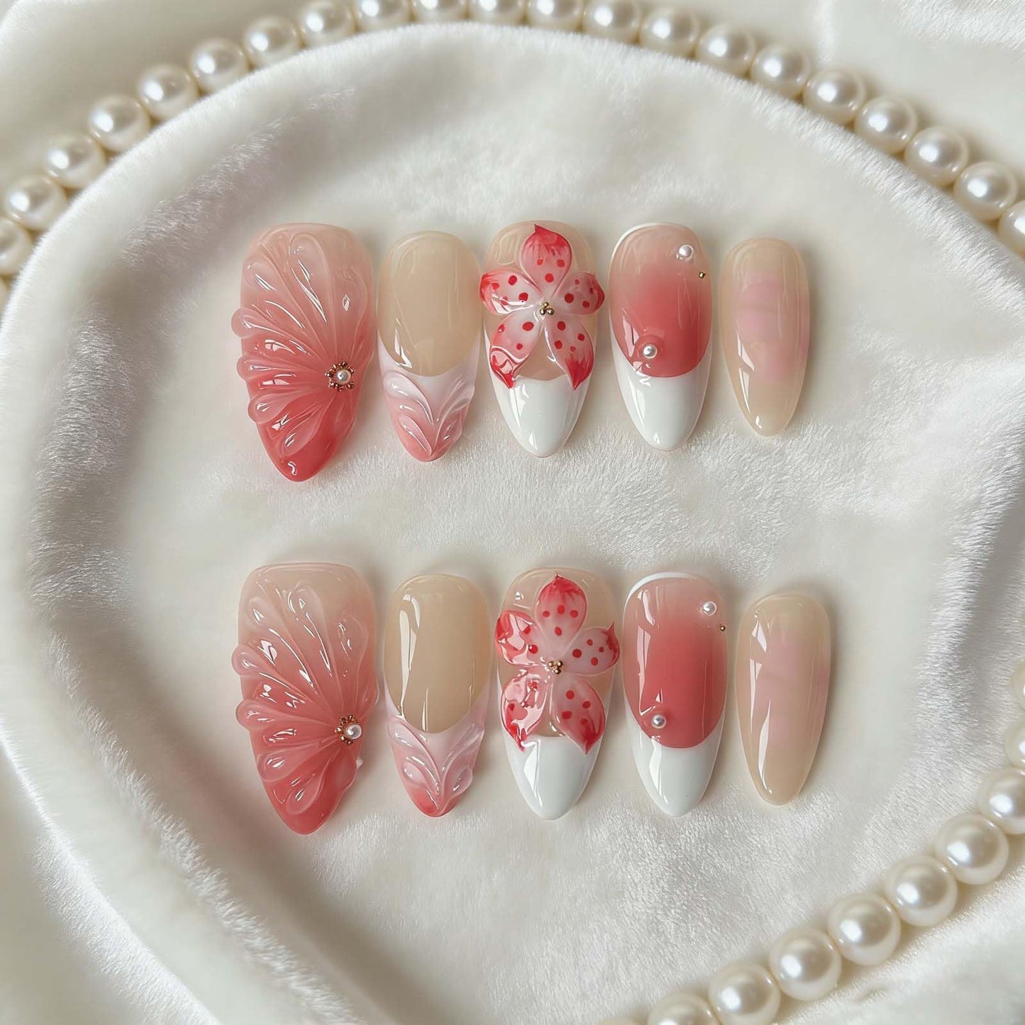 Press on Nails Pink Almond Summer Holographic Glitter False Nails with Iridescent Checkerboard Design, Reusable Fake Nails for Women 10 Piece Set M Size