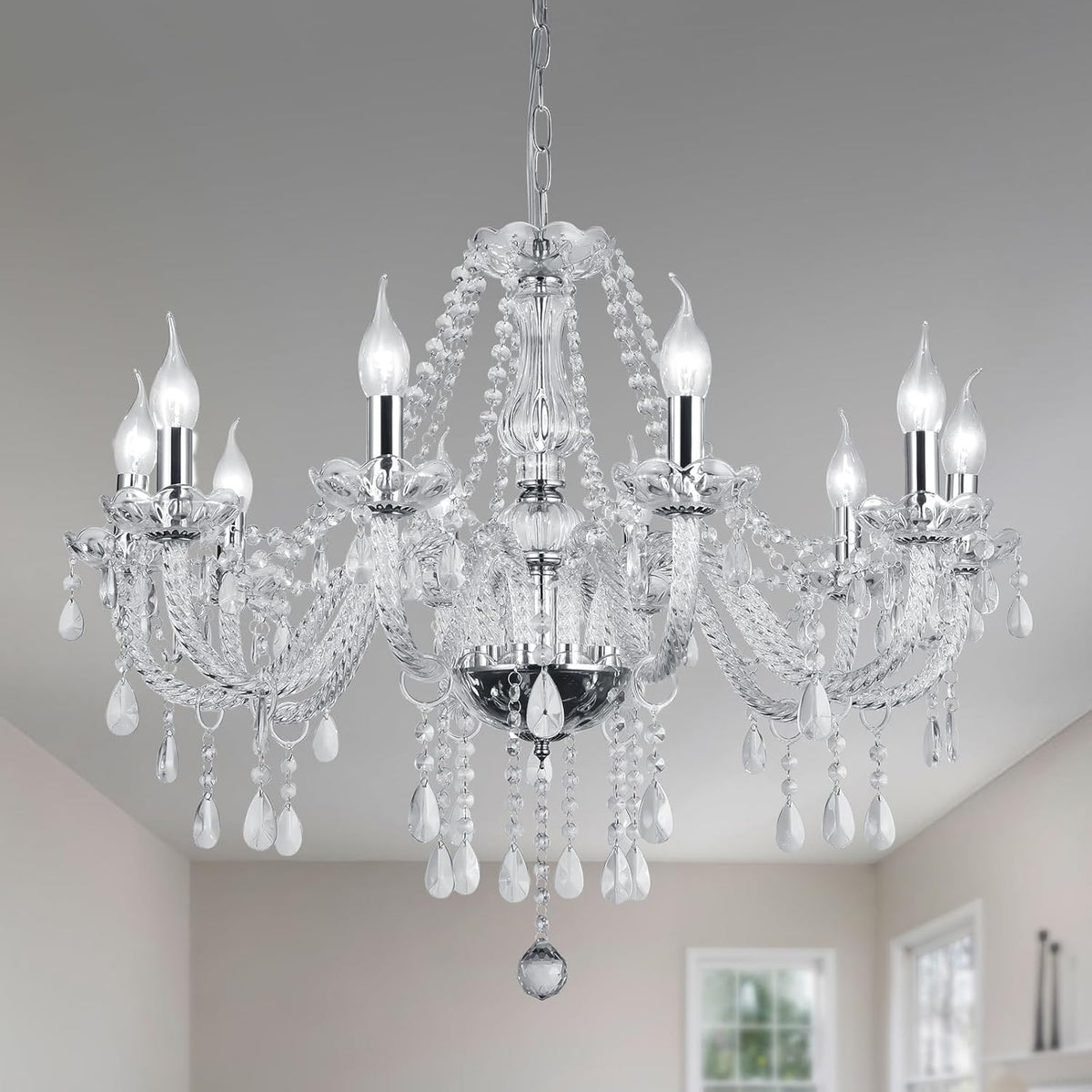 Modern Elegant 10 Lights K9 Crystal Glass Chandelier Silver Pendant Ceiling Lighting European Style for Dining Living Room Bedroom Transparent, 10 E12 Bulbs Required