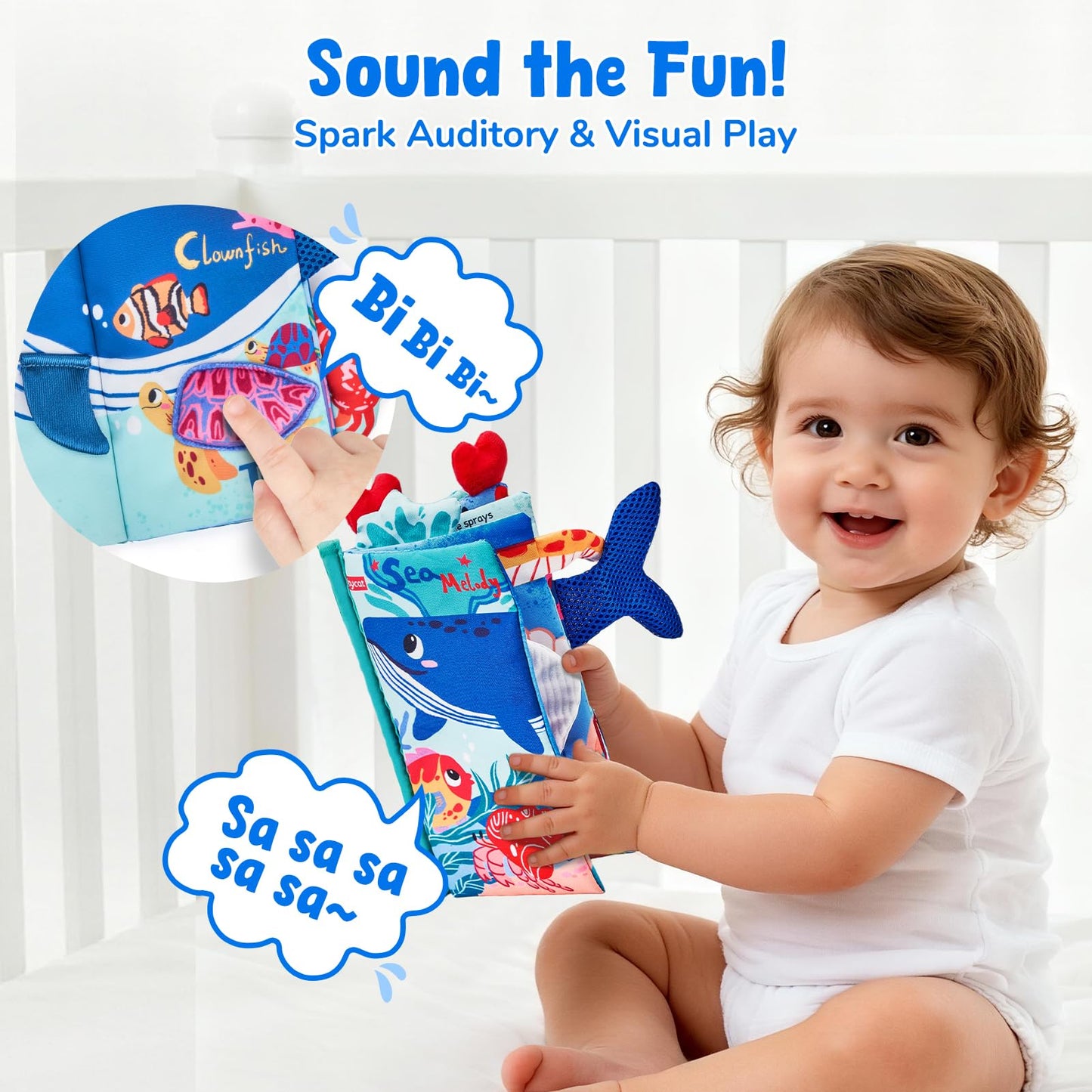 JoyCat Baby Books 0-6-12 Months - Ocean Tummy Time Toys Mirror - Montessori Sensory Activity Cloth Book with 3D Crab & Fish - Newborn Easter Basket Stuffers