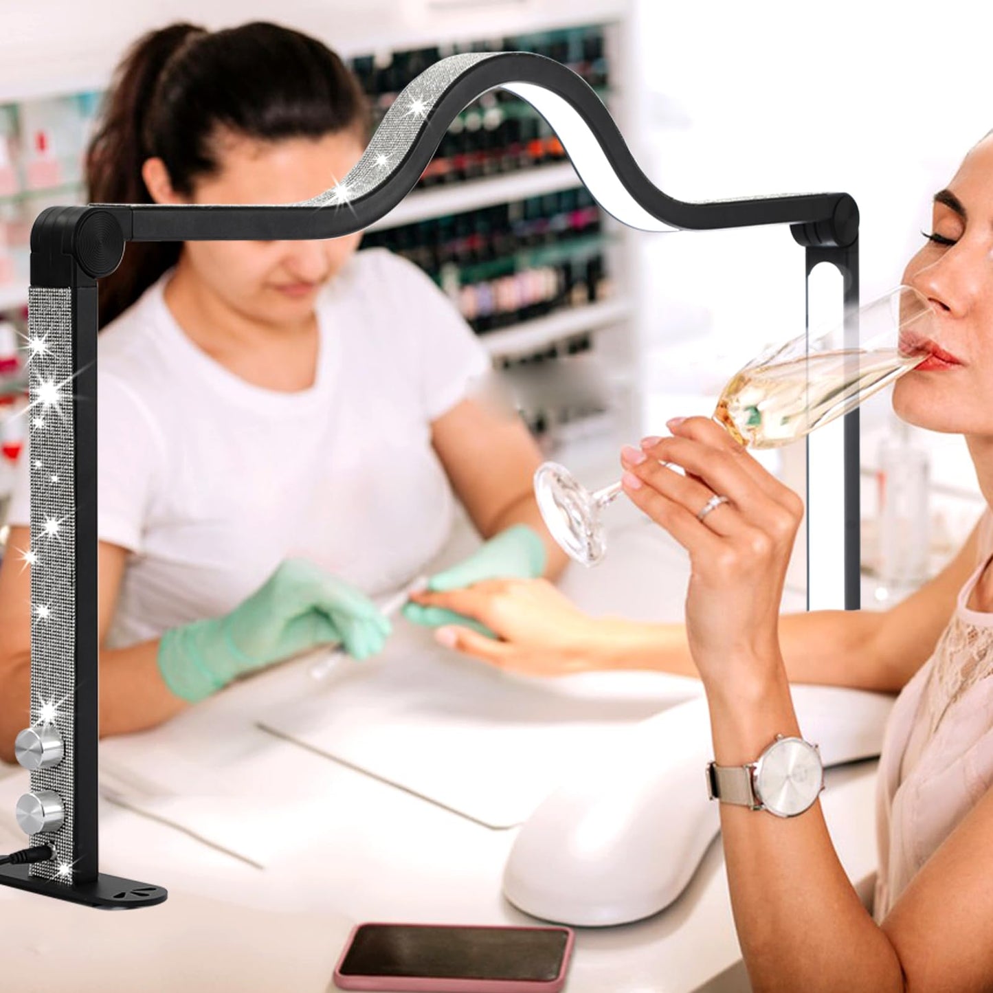 XCCFFSH Half Moon Light for Nail Desk, 34In Foldable Square Nail Tech Lamp with Phone Holder, Brightness Adjustable LED Nail Light, for Lash Eyelash Extension, Tattoo, Eyebrows, Crafts, White