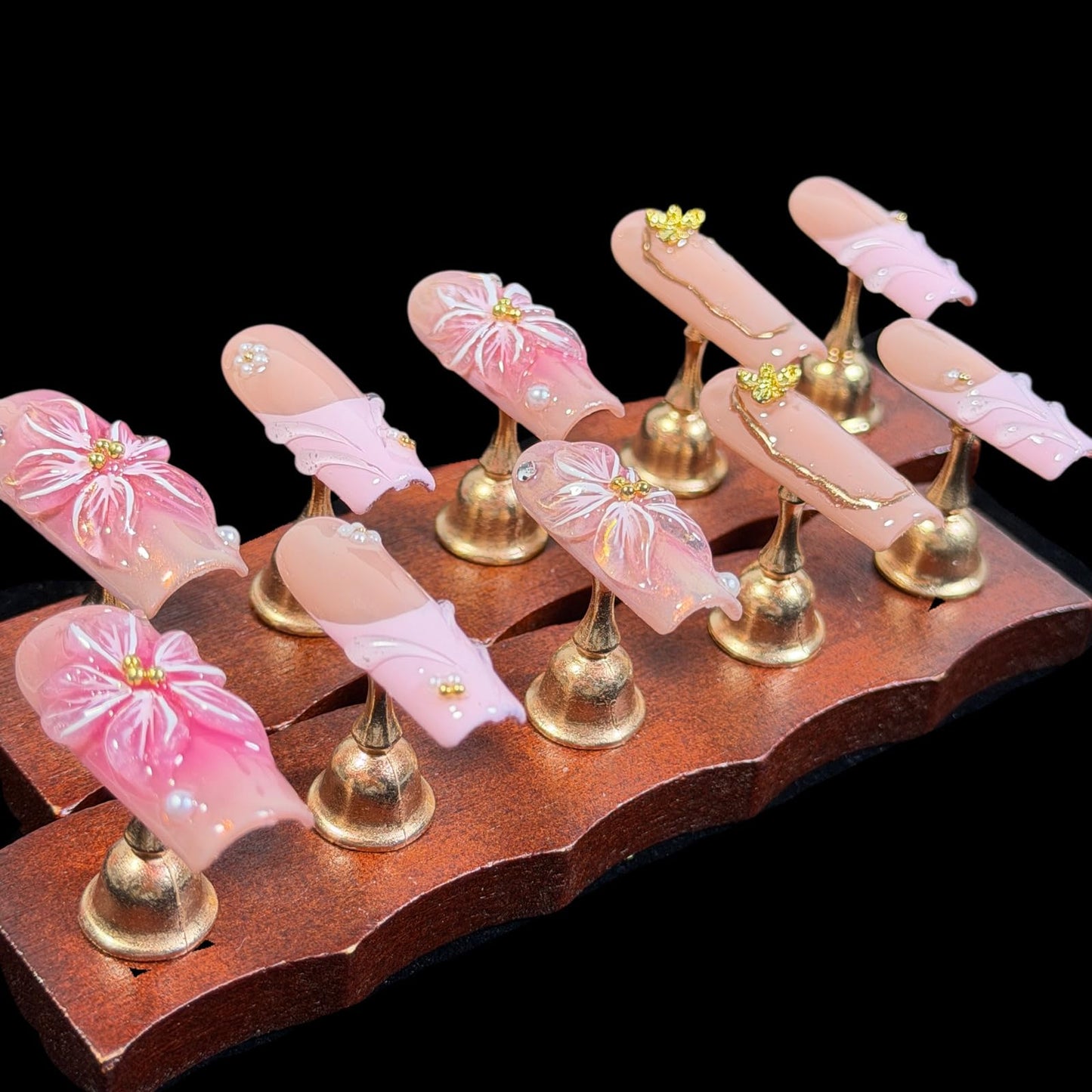 Handcrafted Press on Nails, 3D Floral Pink on Blush Nude Fake Nails, Long/Medium Square Shape, Reusable Acrylic False Nails Filigree Bloom (M)