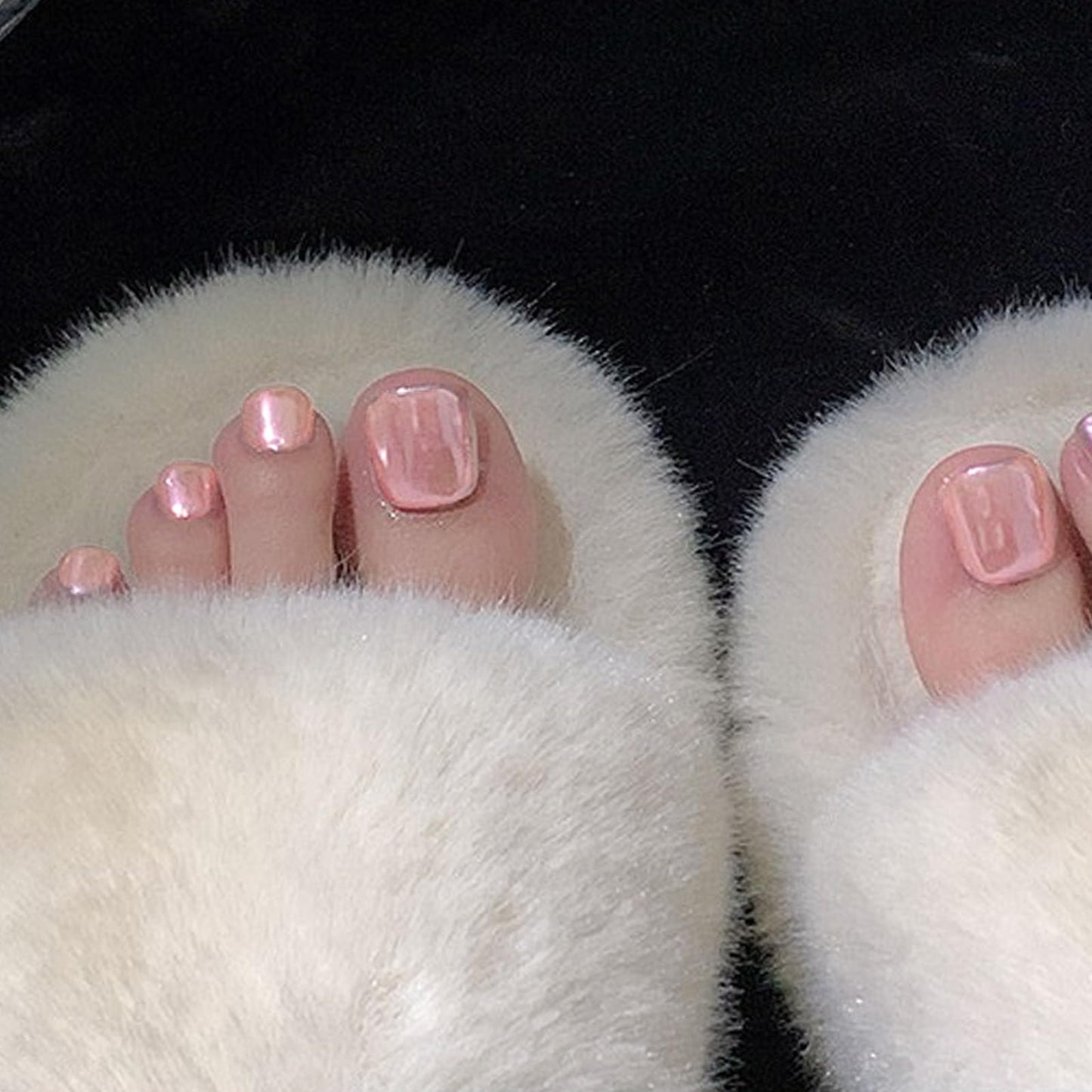 Pink Press on Toenails Short Square Fake Toenails Chrome Acrylic Toe Nails Cute Glossy False Toe Nails with Aurora Powder Designs Solid Full Cover Artificial Toenails for Women and Girls 24Pcs