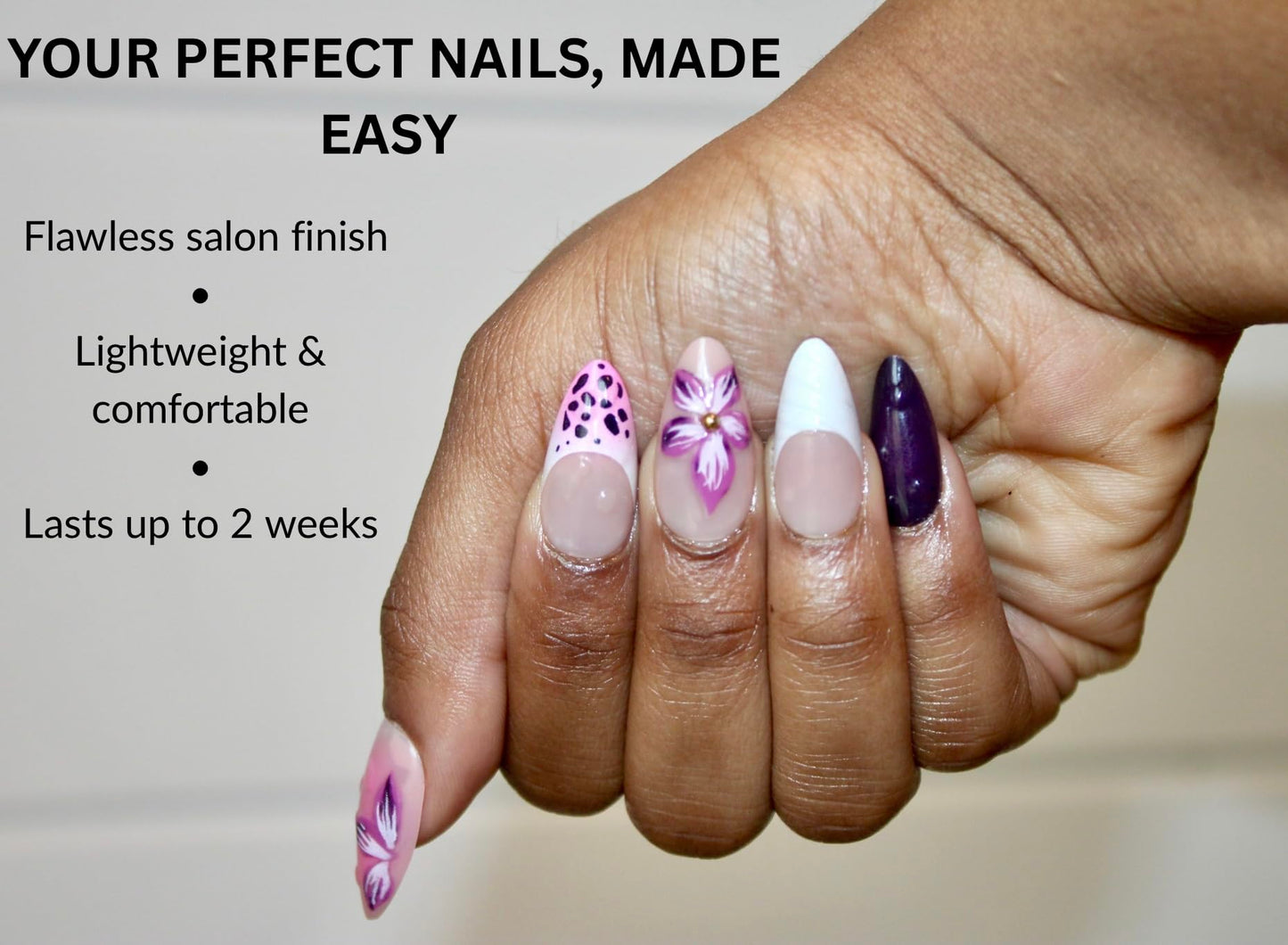 Press On Nails – Nude & Pink Floral Leopard Design with 3D Flower & Gold Studs | Almond Shape, 24 Reusable Nail Art Set