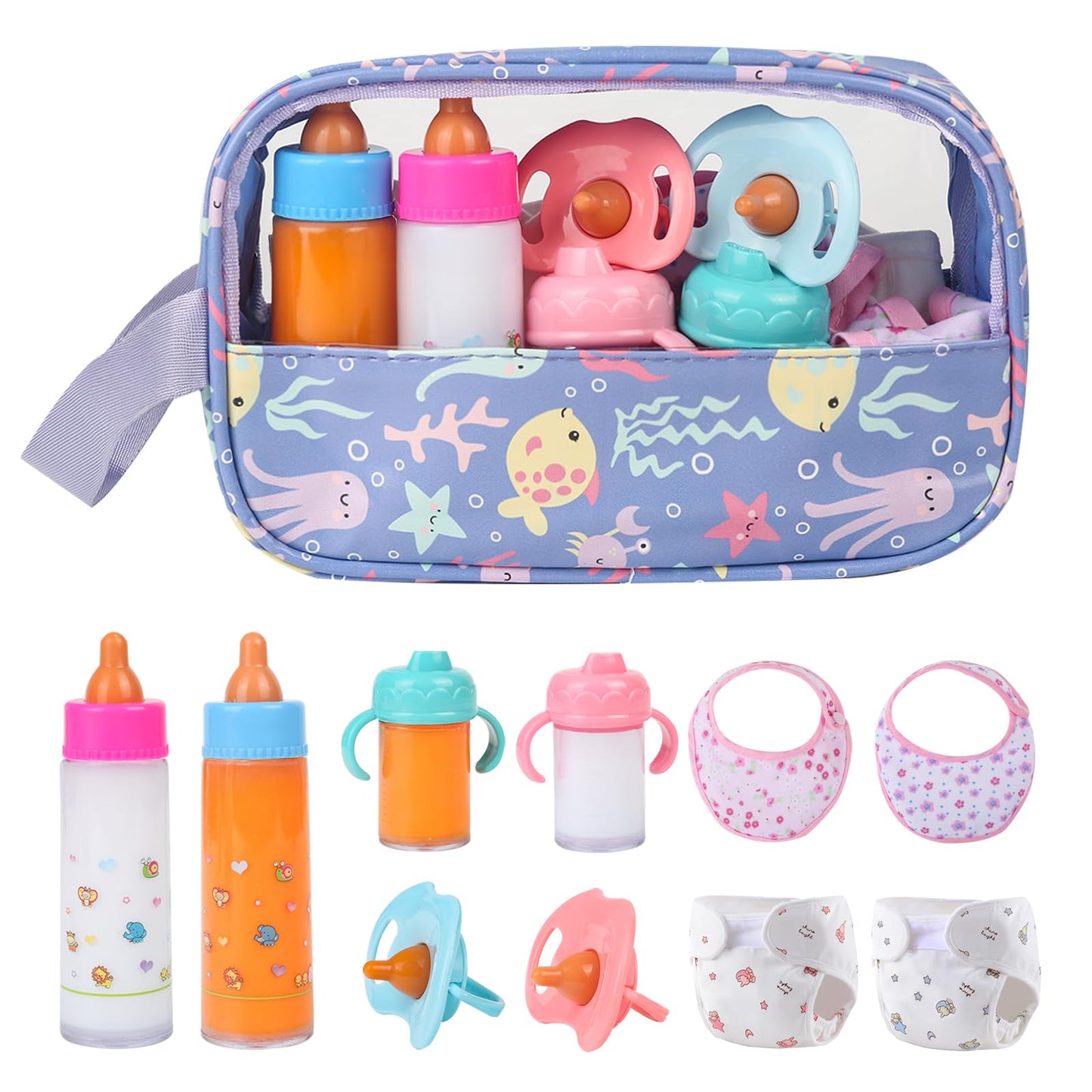 CARANOVO 6-Piece Baby Doll Feeding Set – Magic Bottles & Pacifiers for 10–24 Inch Dolls, Disappearing Milk & Juice Bottles, Pretend Play Accessories for Kids