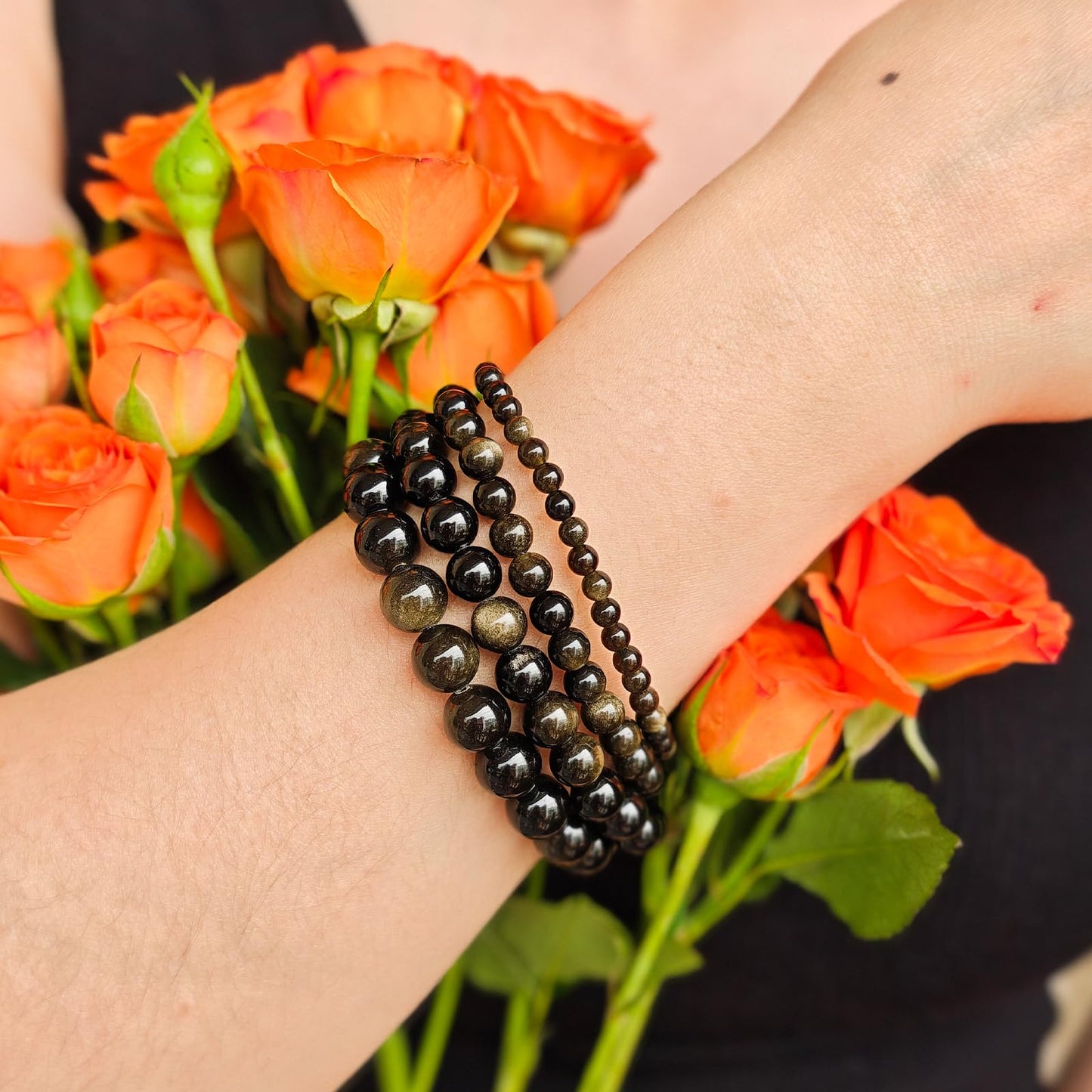 Handmade Natural Gemstone Elastic Bracelet - Healing Crystal Beads Jewelry, Unisex (Golden Obsidian, 8mm)