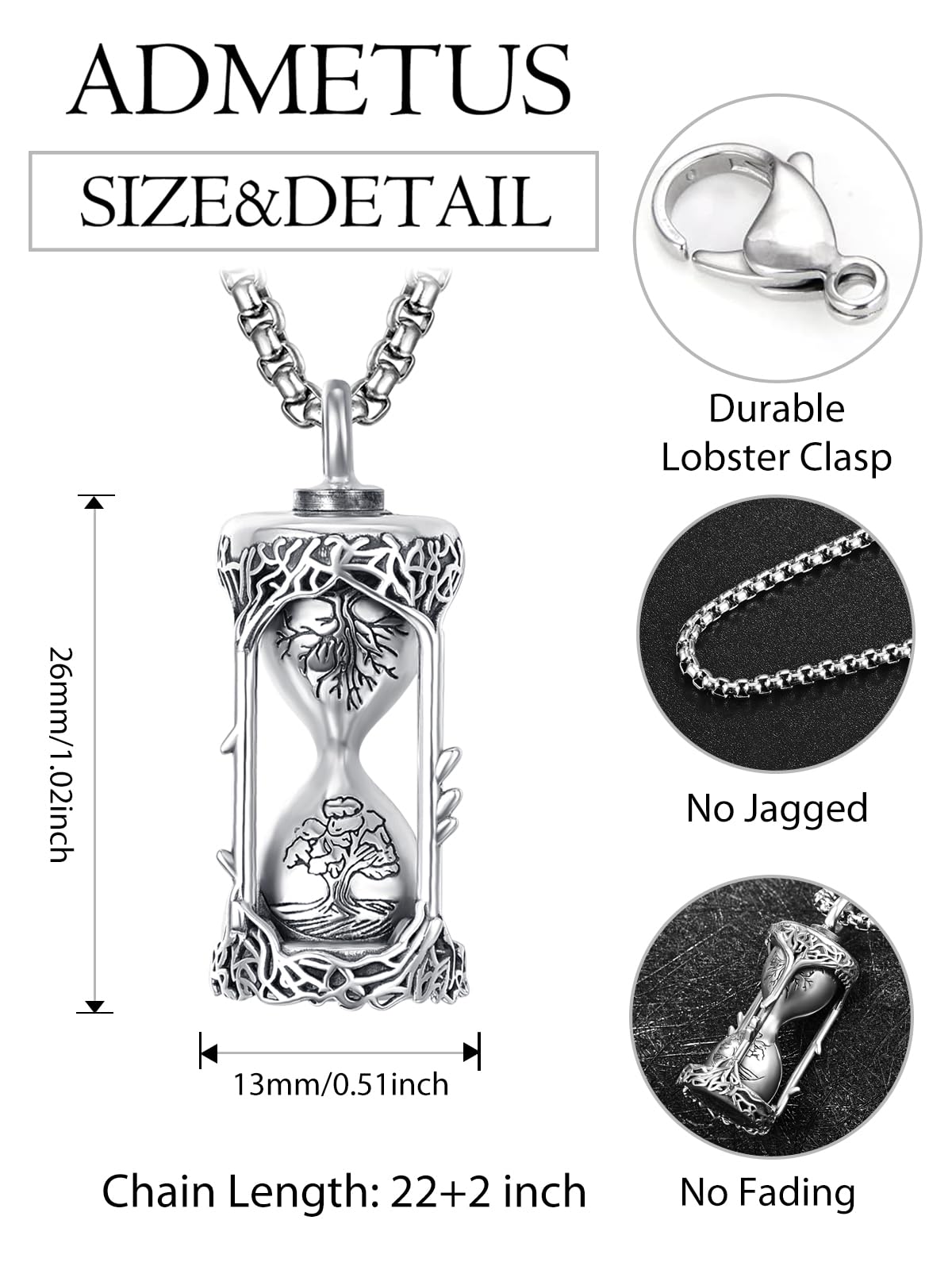 ADMETUS Tree of Life Hourglass Urn Necklaces for Ashes Silver Cremation Jewelry for Ashes for Men Ash Keepsake Pendant Memorial Gifts
