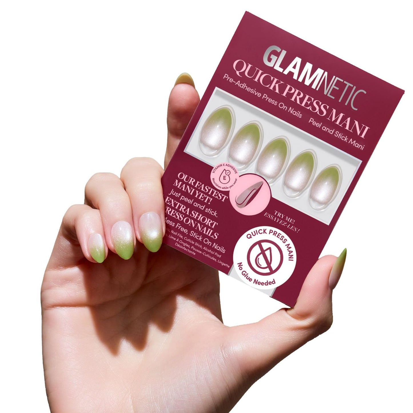 Glamnetic Quick Press Mani Bundle - No Glue Press On Nails, Just Peel and Stick | Lime Beam & Ocean Prism | Mess Free Salon Quality Stick On Nails | Almond Extra Short Nails