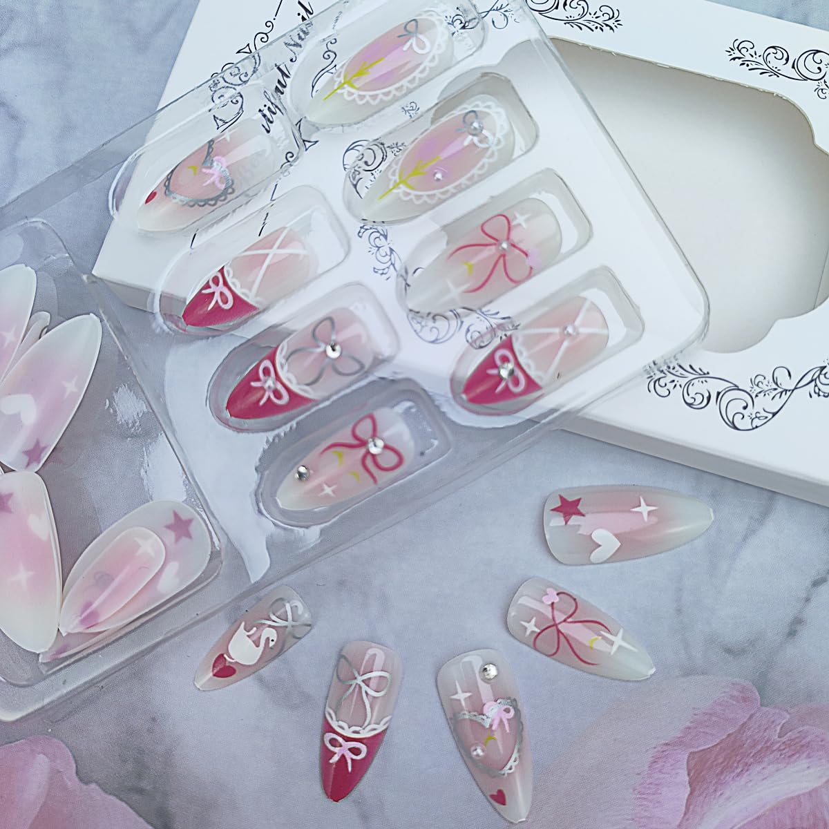 24Pcs Pink French Tip Press on Nails Medium Almond Fake Nails with Pearl Rhinestones Design Heart Star False Nail Cute Bow Stick on Nails Summer Glue on Nails Pink Gradient Acrylic Nail for Women Gift