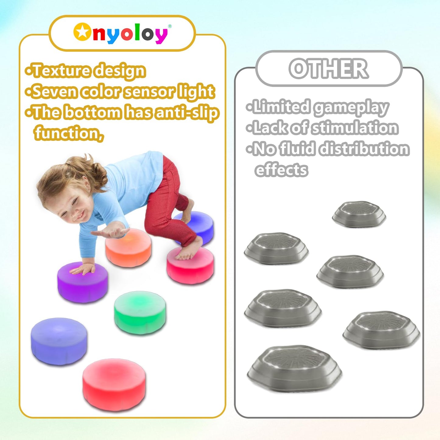 Onyoloy Kids Light Up Stepping Stones - 6 Non-Slip Stepping Stones, Each with 7 LED Light Colors, Indoor Obstacle Training Balance Stepping Stone Toys for Kids Ages 3 and Up.