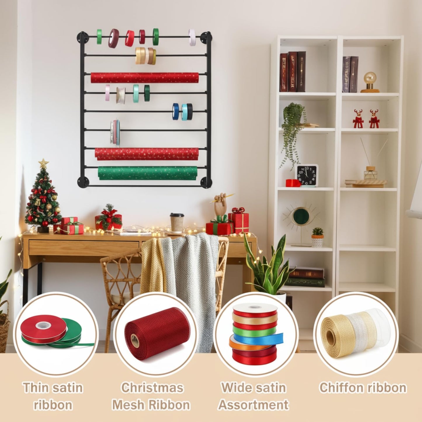 Menkxi 9 Tier Wall Mounted Ribbon Organizer Metal Ribbon Holder Organizer Rack Wrapping Paper Storage for Sewing Craft Mesh Thread Tape Wreath Crochet Craft Room Flower Shop(Black)
