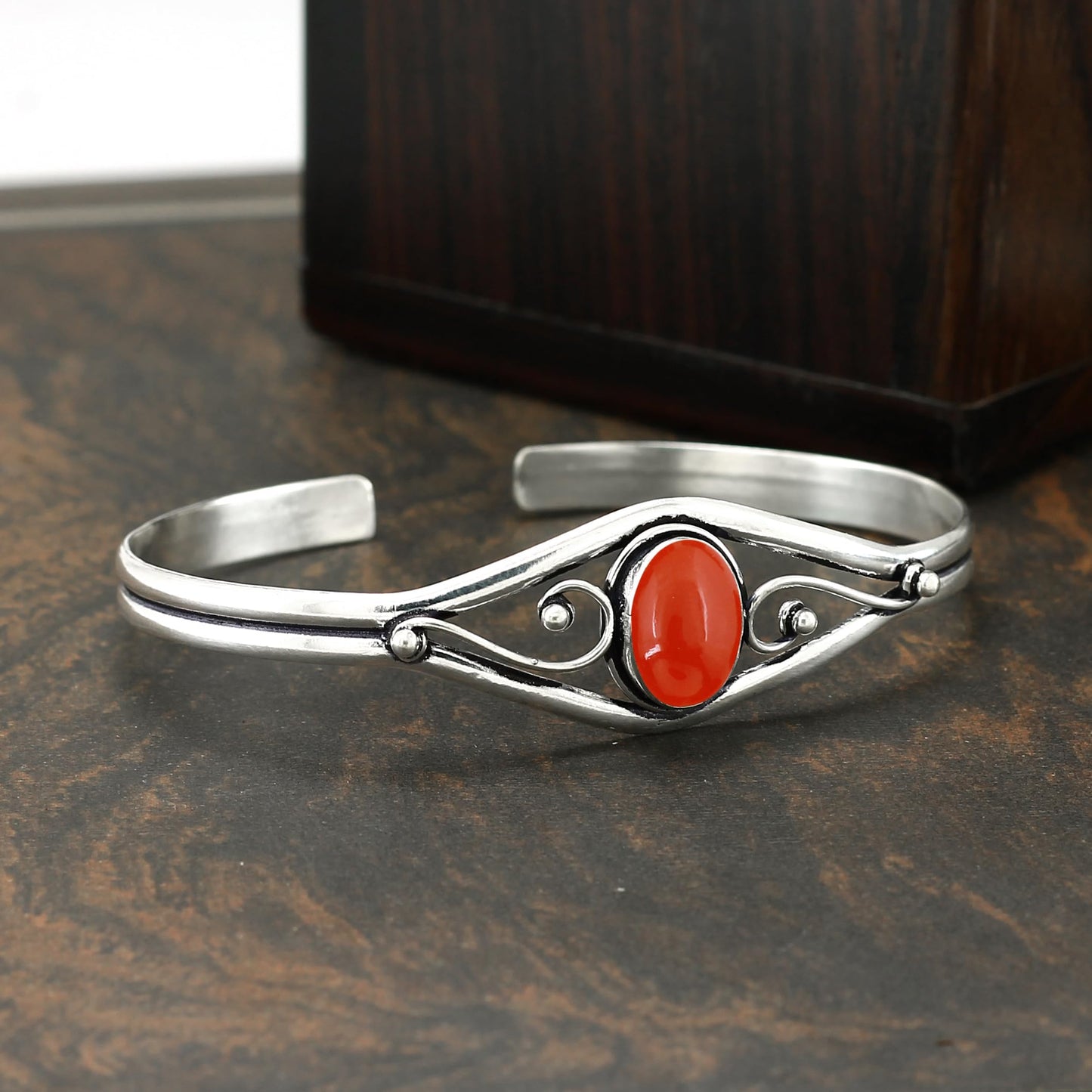 925 Silver Plated Natural Carnelian Cuff Bangle Bracelet for Women – Handmade Open Bangle – Orange Gemstone July Birthstone Statement Jewelry – Gift for Her