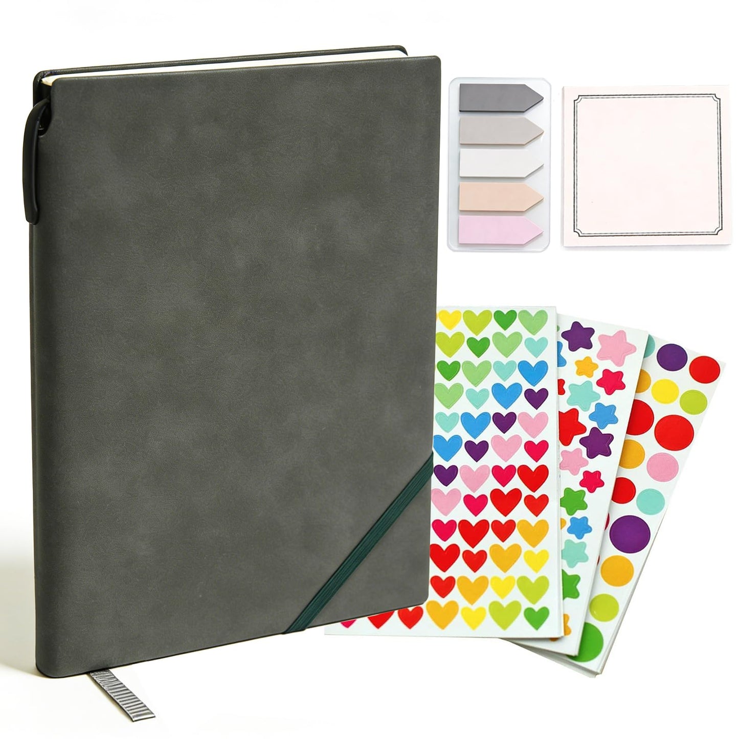 CRZTRY A5 Lined Notebook with Hidden Pen, Soft Cover & Organization Kit Including Color Dot Stickers, Sticky Index Tabs and Note Papers, Lined Pages Green