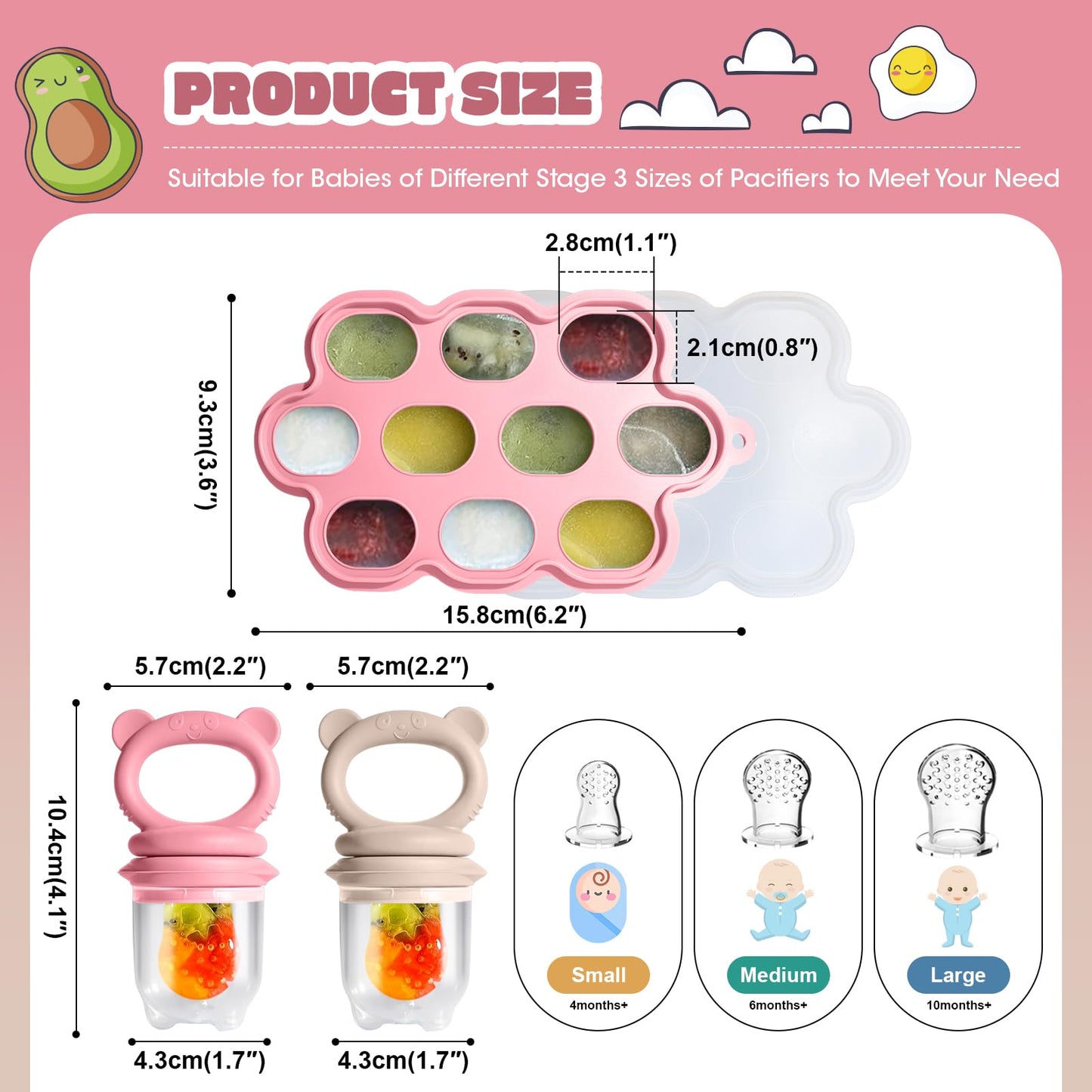 Baby Food Feeder Set, 2 Packs Fruit Feeder & Breastmilk Popsicle Molds Freezer Tray with Lid, Silicone Fruit Feeder to Teething Relief, Introduce New Foods, Baby Feeding Essentials(Red+Beige)