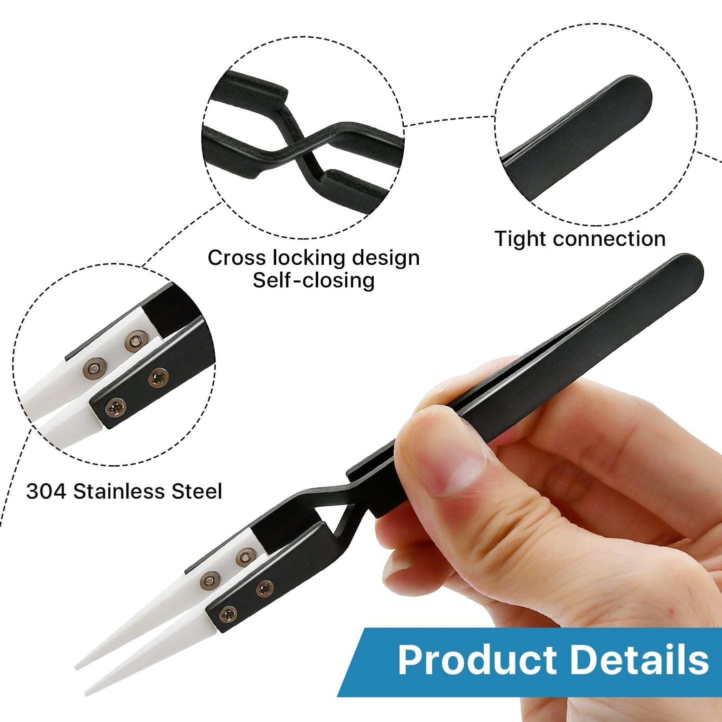 Aemygo 6 Pcs Precision Reverse Ceramic Tweezers Set, Non-Conductive Heat-resistant Electronics Soldering Tweezers Anti-Magnetic Pointed & Curved Tips Tweezers for Solder, Pinching Coils (Black)
