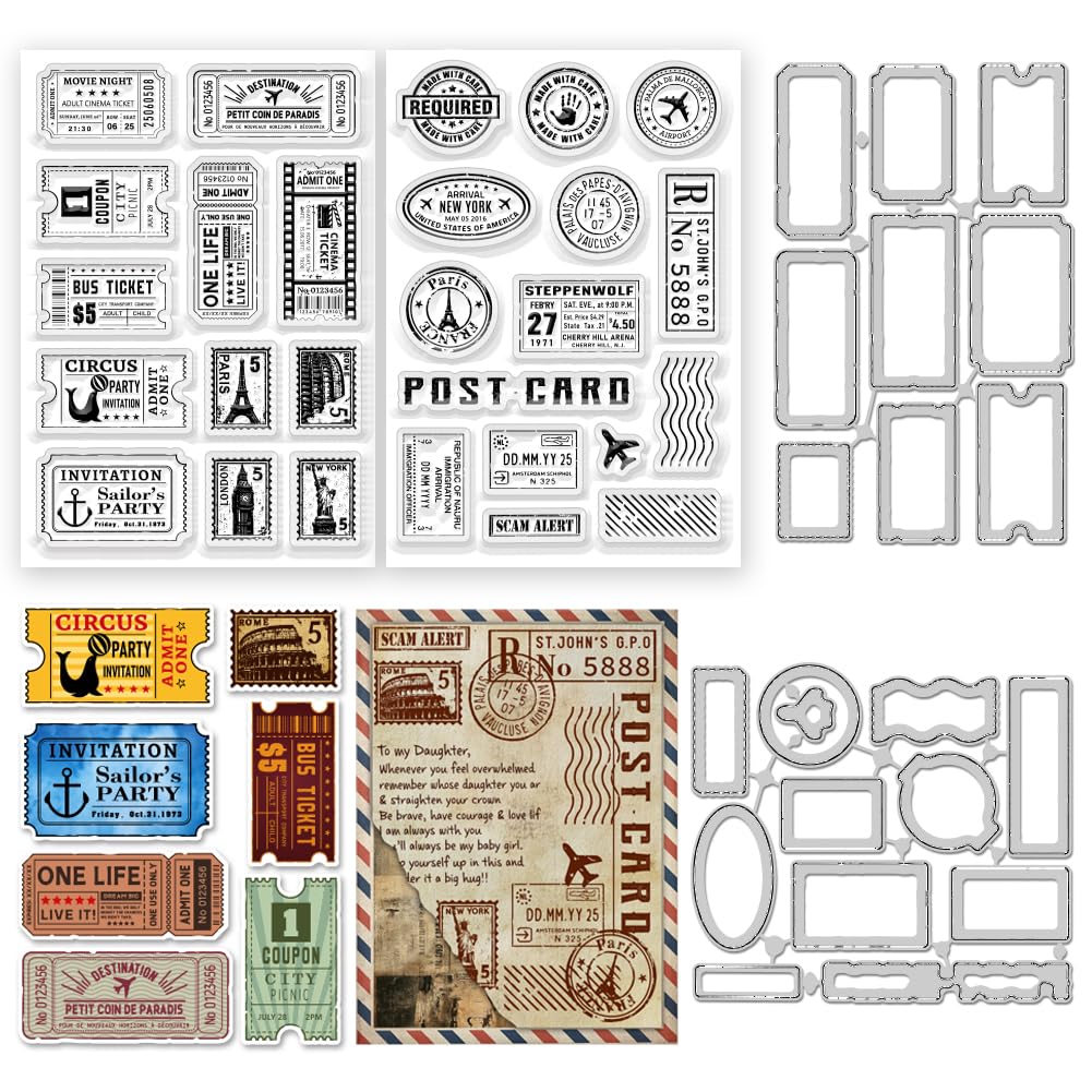ACRNIGHEET 48Pcs Vintage Clear Stamps and Dies for Card Making Postcards Postmarks Labels Rubber Clear Stamps Retro Template for Album Paper Scrapbooking Photo Journal DIY Crafting