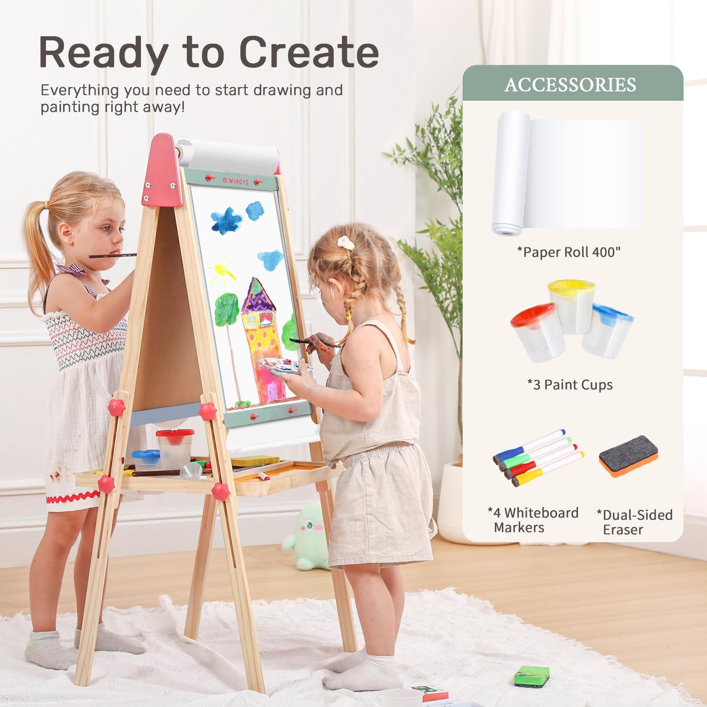 WINGYZ 3-in-1 Art Easel for Kids – Sturdy Pine Wood Easel with Magnetic Whiteboard, Chalkboard & 400" Paper Roll, Foldable Adjustable Heights for Ages 2-12, Complete Tool-Free Art Station
