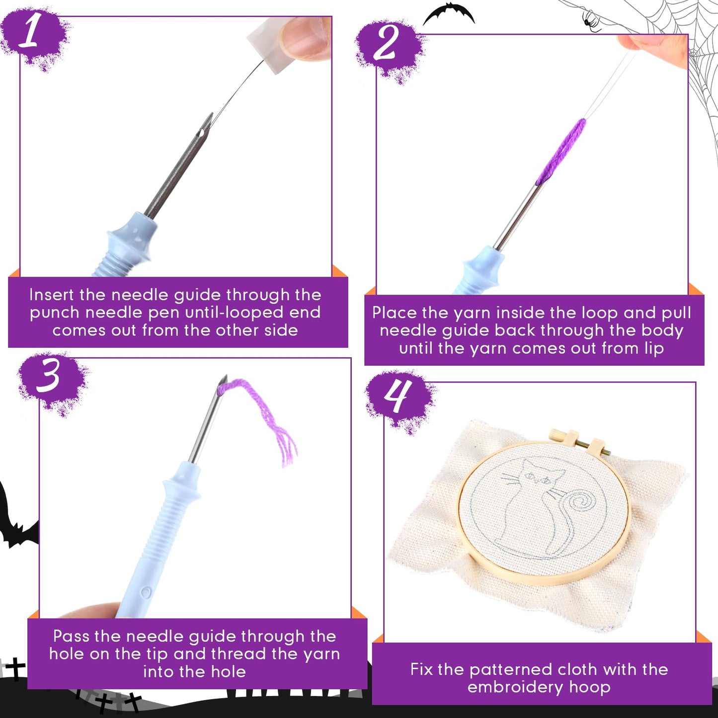 Yaomiao 6 Pcs Halloween Punch Needle Coaster Kit Punch Needle Embroidery Kits Craft Supplies with Patterns Yarns Tools Adhesive Felt Embroidery Hoop Instruction Holder for Adult DIY
