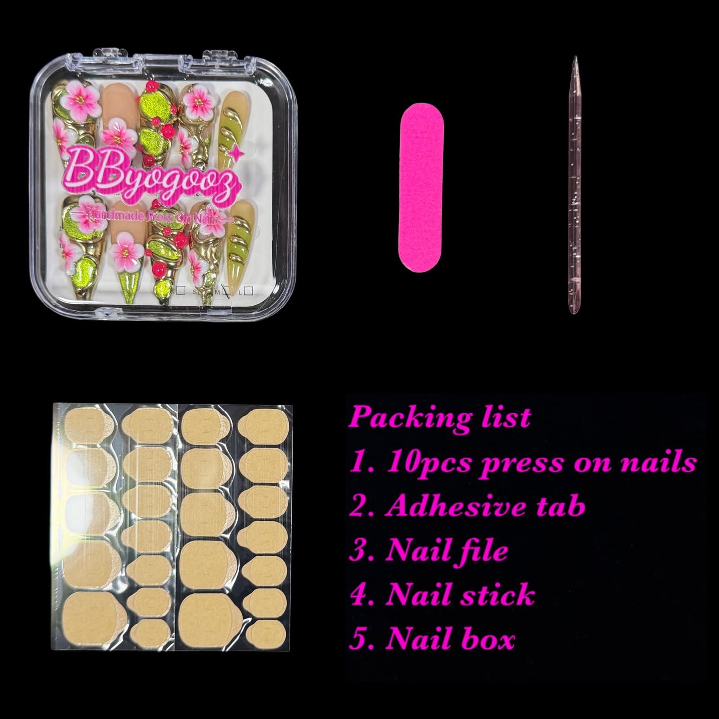Handmade Luxury Floral Press On Nails, Long Stiletto 3D Pink Petals & Emerald Green Glitter Ombre, Gold Foil Acrylic Reusable False Nails Elven Forest (M)