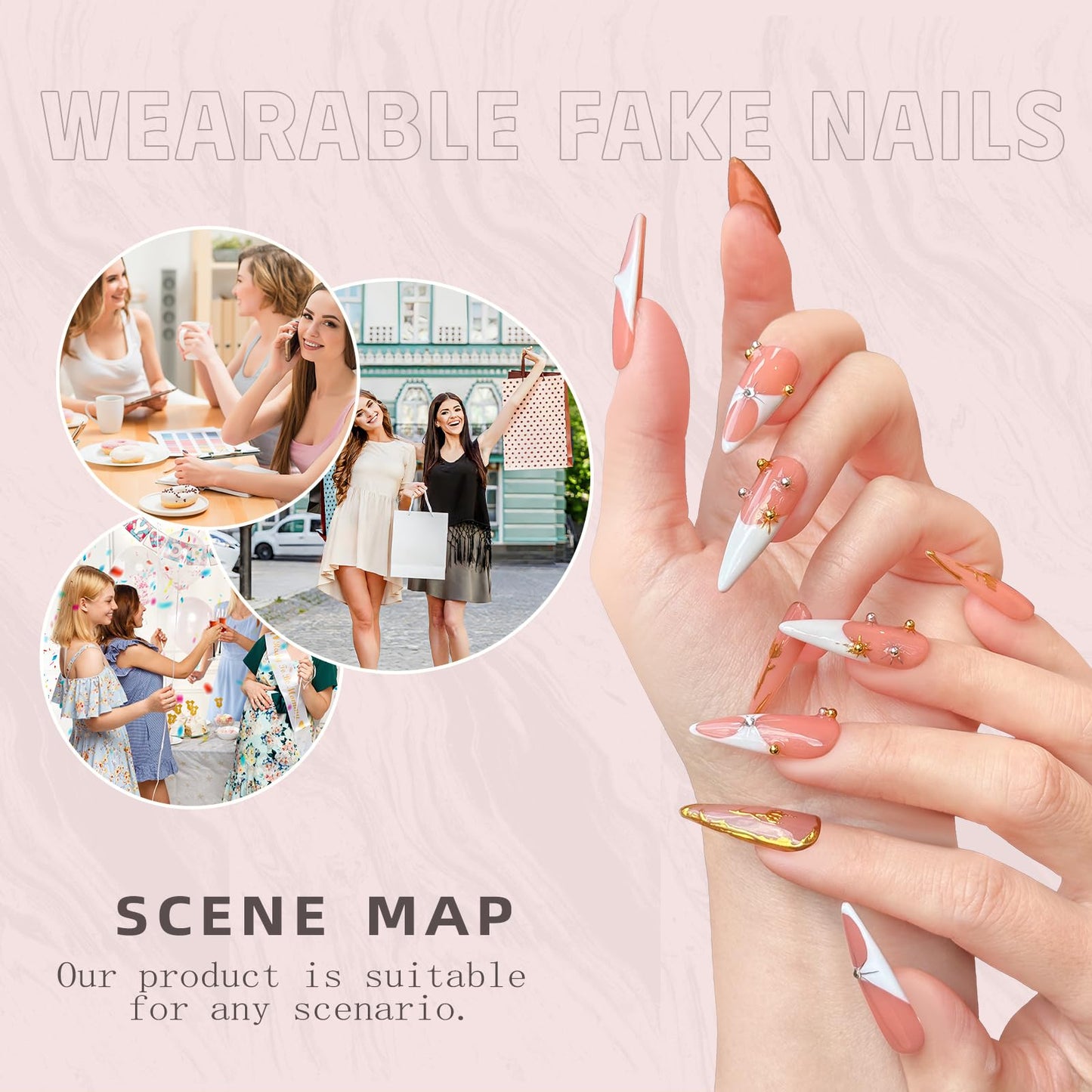Luxury Long Stiletto Handmade Press-On Nails – Nude Almond Acrylic False Nails with 3D Rhinestones & White French False Nails – Reusable Nail Art(10PCS-S)