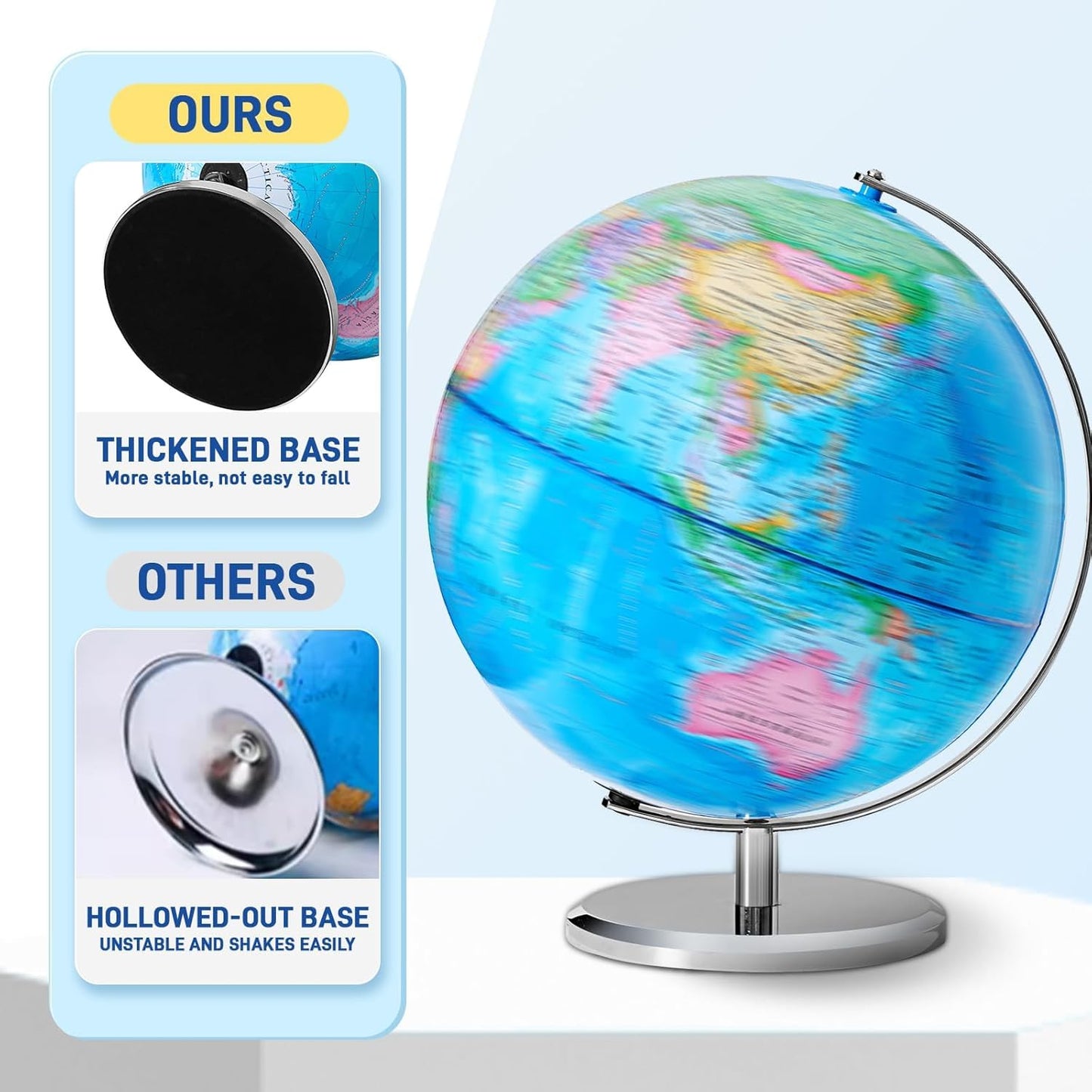 BSHAPPLUS 13 inch World Globe for Kids Large Educational Classroom Globe with Rewritable Surface and Sturdy Metal Base HD Waterproof Map for Learning