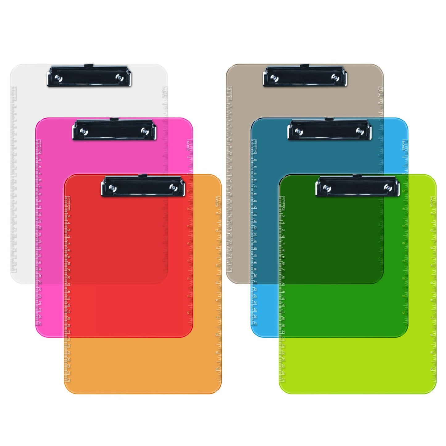 Pack of 6 Plastic Clipboards with Flat Clip, Durable Writing Boards for Work, Class, and Nursing Use, 12.5" x 9", Assorted Colours