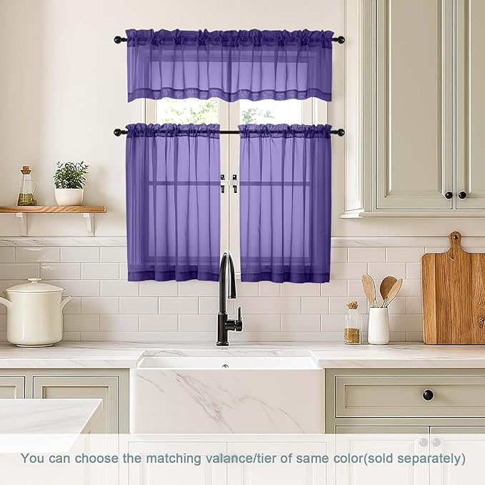 Purple Small Sheer Curtains 2 Panels Set, Kitchen Curtains 36 Inch Length, Elegant Light Filtering Short Window Drapes for Living Room Bedroom, Dual Rod Pocket Design, 2x42Wx36L Inches