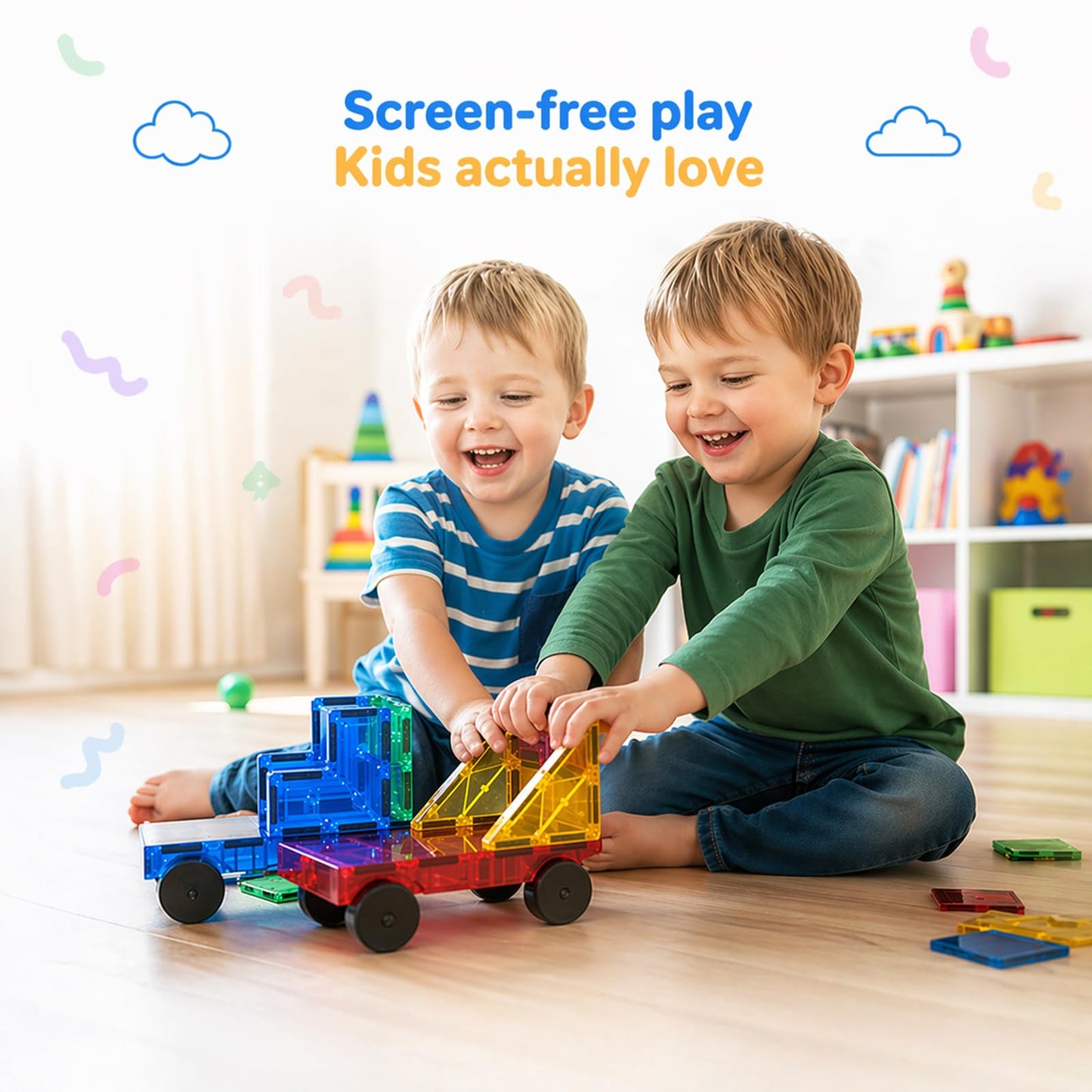 AFUNX Magnetic Tiles,102PCS Magnetic Building Blocks 3D Clear Construction Playboards, Inspiration, Creativity Beyond Imagination, Educational Magnet Toy Set for Kids with 2 Cars