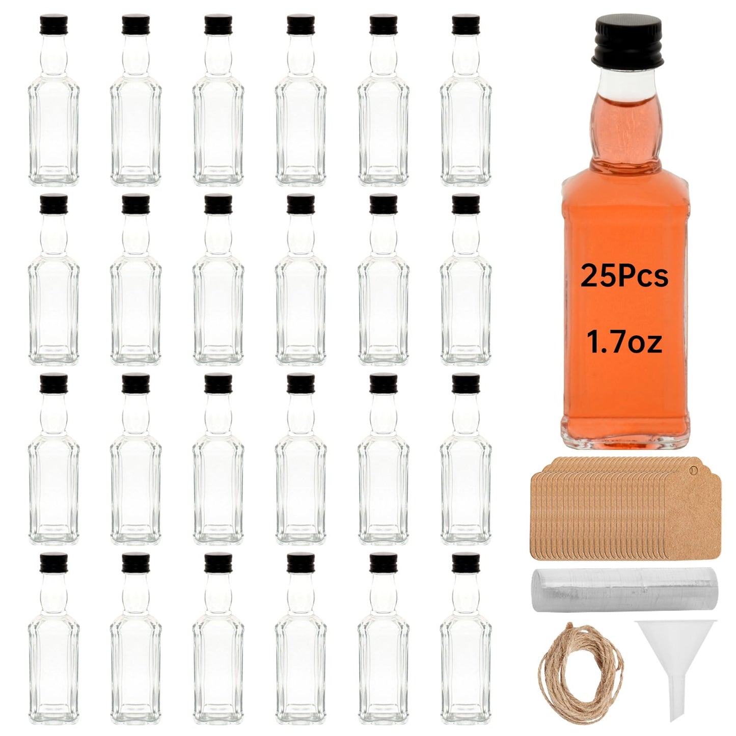 eispap 25 Pcs Square Mini Glass Liquor Bottles with Lids Small Glass Wine Bottles Reusable Empty Alcohol with Aluminum Black Screw Cap (25 Pcs 1.7 OZ Glass Bottles)