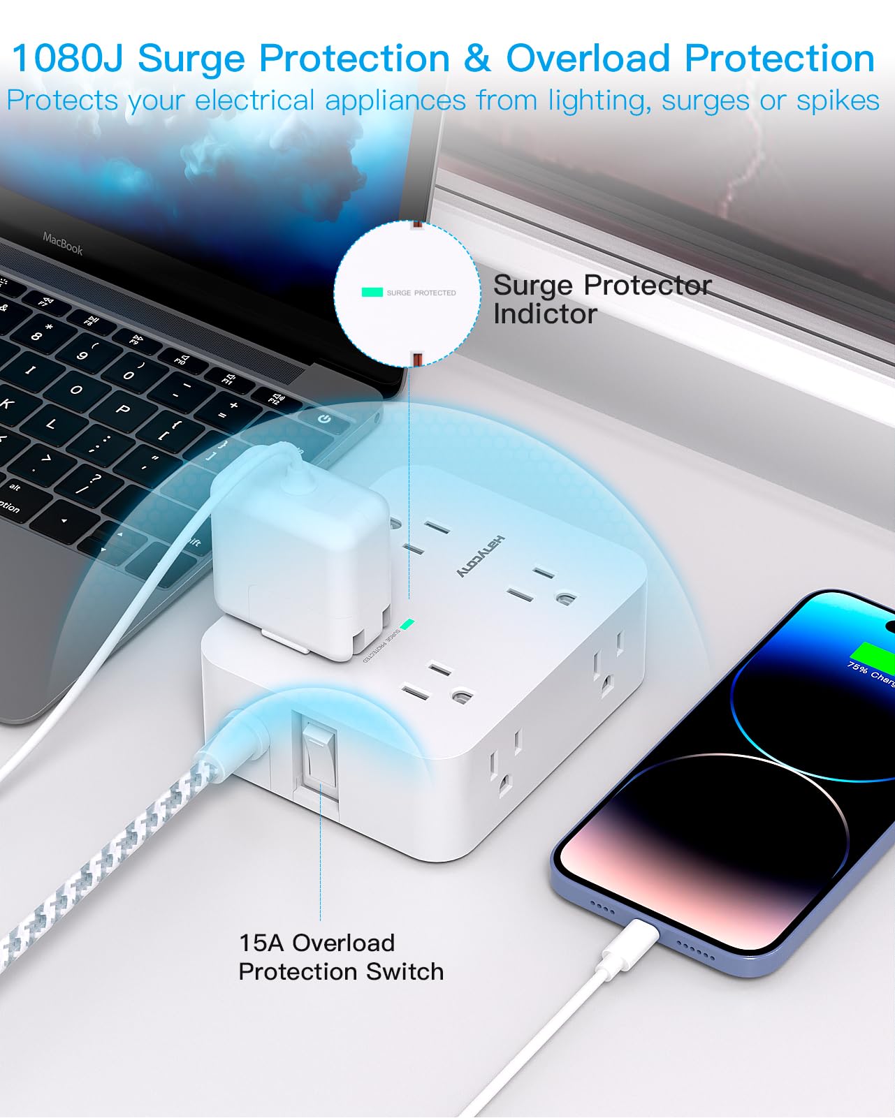 10 Ft Surge Protector Power Strip, HANYCONY Extension Cord with 8 AC Outlets 4 USB (2 USB C) Ports, Flat Plug, Wall Mount Desk USB Charging Station for Home