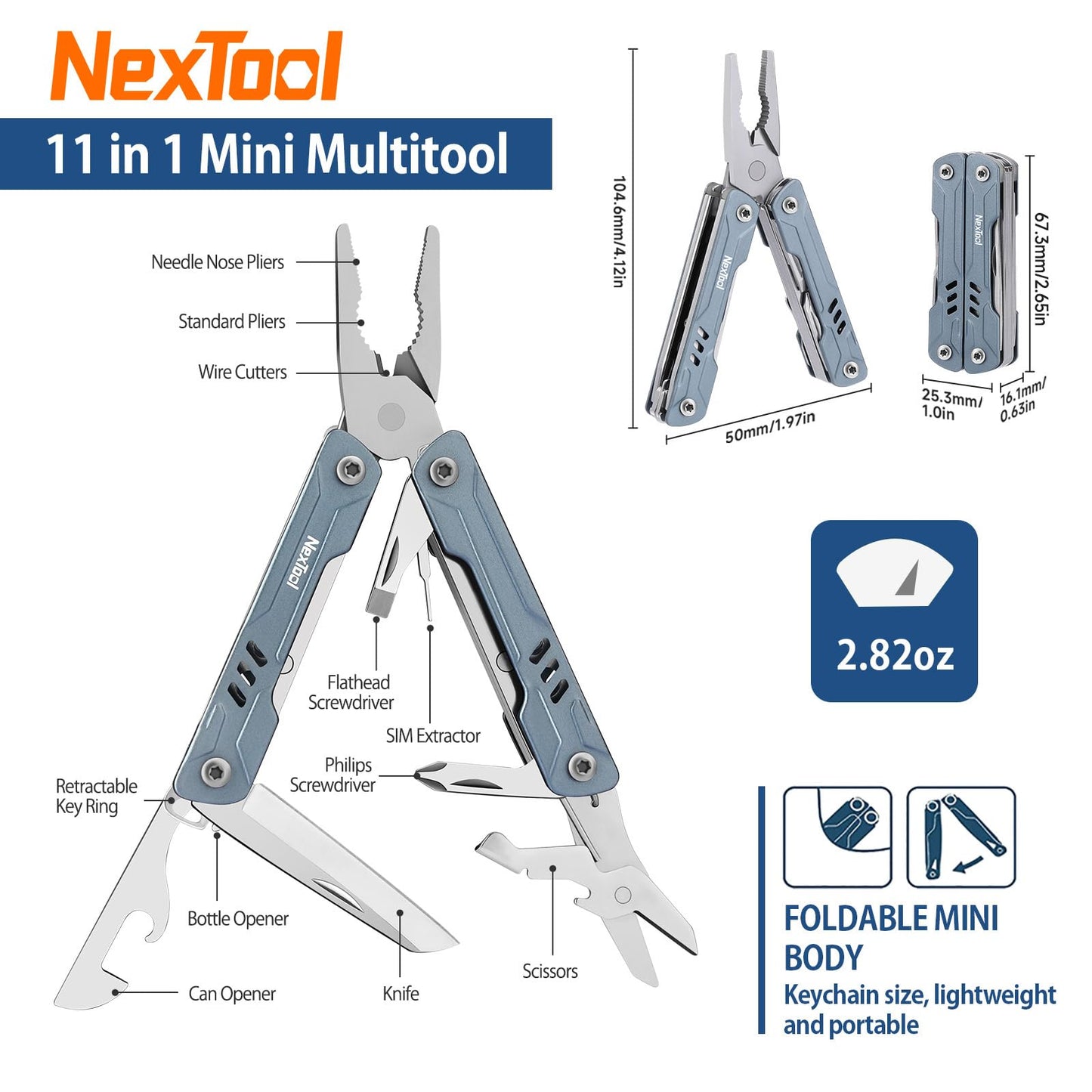 NexTool Mini Sailor S11 Keychain Multitool, 11-in-1 Compact EDC Pliers with Pocket Knife, Scissors & Screwdrivers, Lightweight Small Multitool for DIY, Travel, Camping, and Gift, Cool Gadget for Men