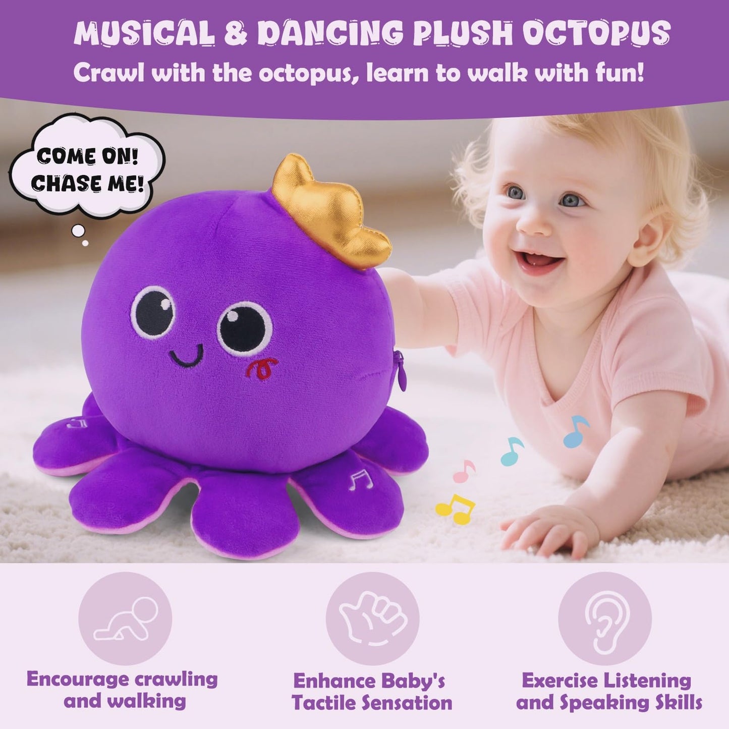 Octopus Baby Crawling Musical Interactive Toys with 97 Melodies, Talking Repeat Function Language Learning for Newborn Infant, Safe Plush Sensory Learning Montessori Toy for Toddlers Gift 0+ Months