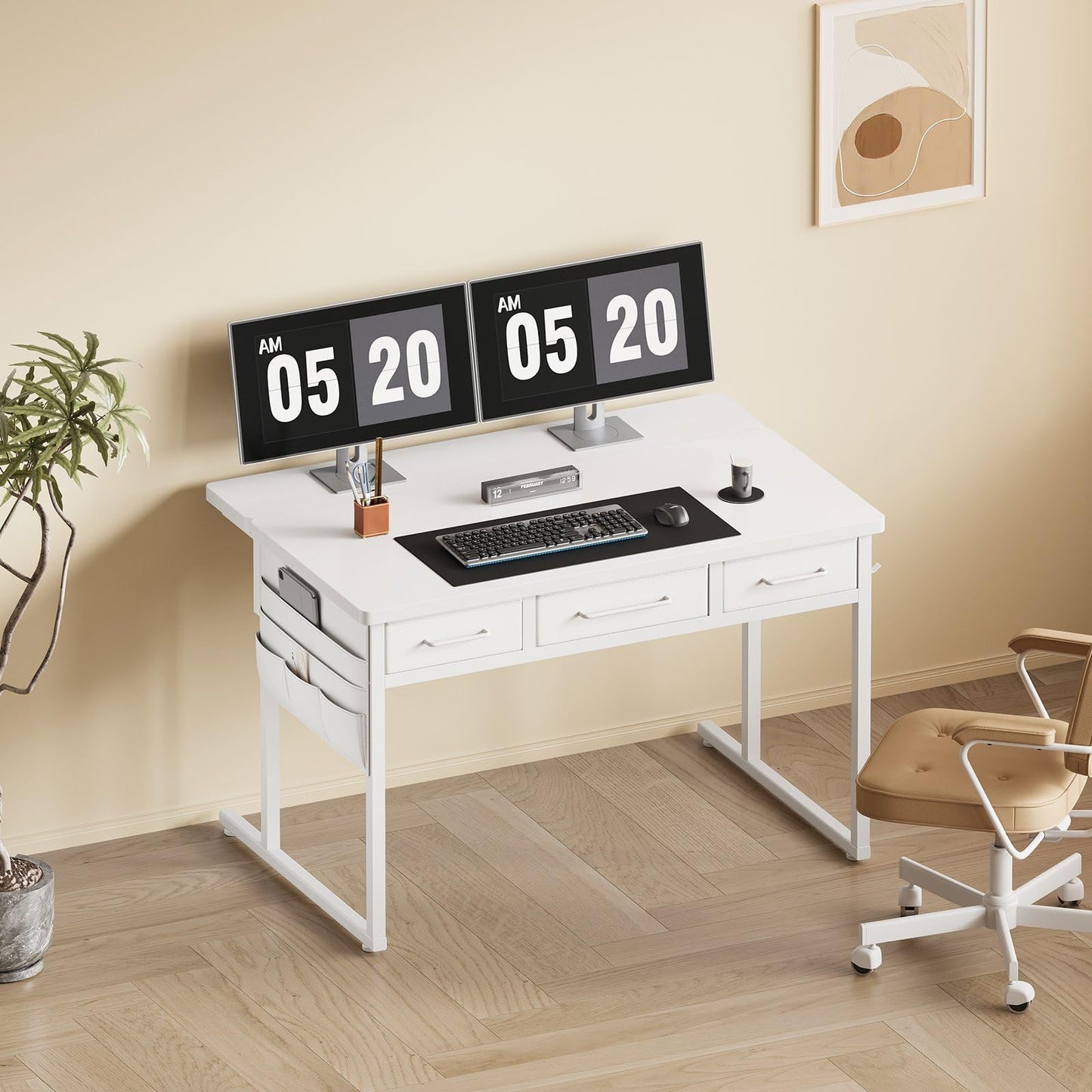 Maihail Small Desk with Drawers, 39.4X15.8-22.9 Inches Office Computer Desk with Side Pocket & Ergonomic Monitor Stand, Writing Table for Small Spaces, Bedroom, White
