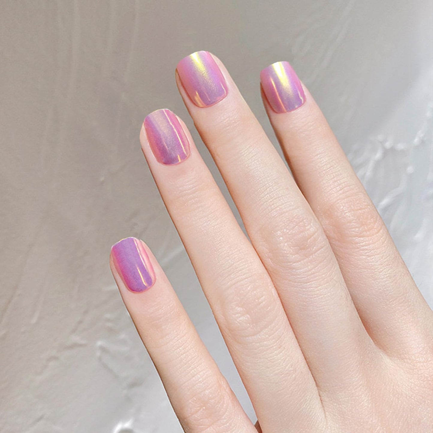 Purple Chrome Press on Nails Short Square Fake Nails Aurora False Nails with Design Mirror Metal Plating Acrylic Nails Glue on Nails Glossy Stick on Nails for Women Girls Manicure 24Pcs