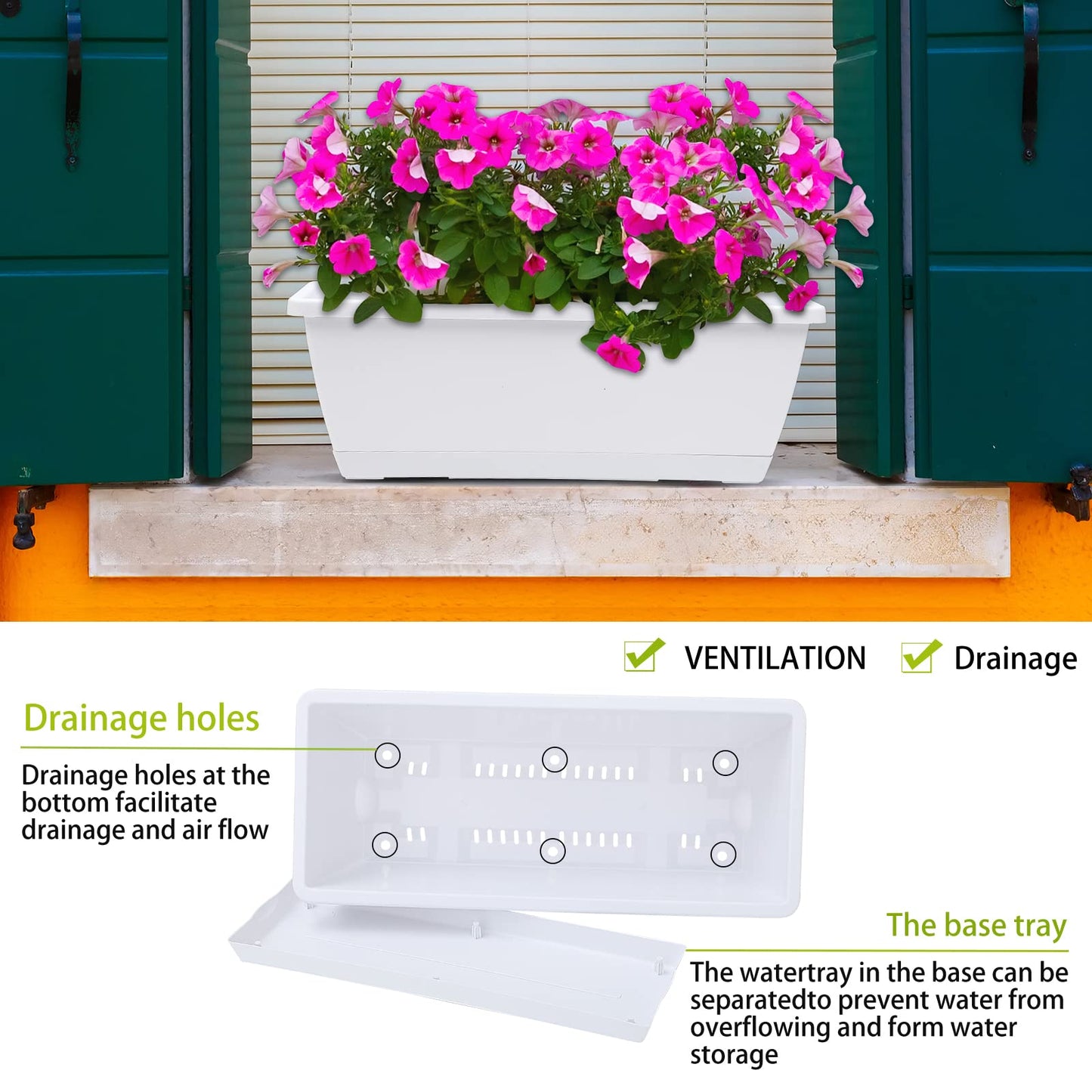 CHUKEMAOYI Window Box Planter, 7 Pack Plastic Vegetable Flower Planters Boxes 17 Inches Rectangular Flower Pots with Saucers for Indoor Outdoor Garden, Patio, Home Decor (White)