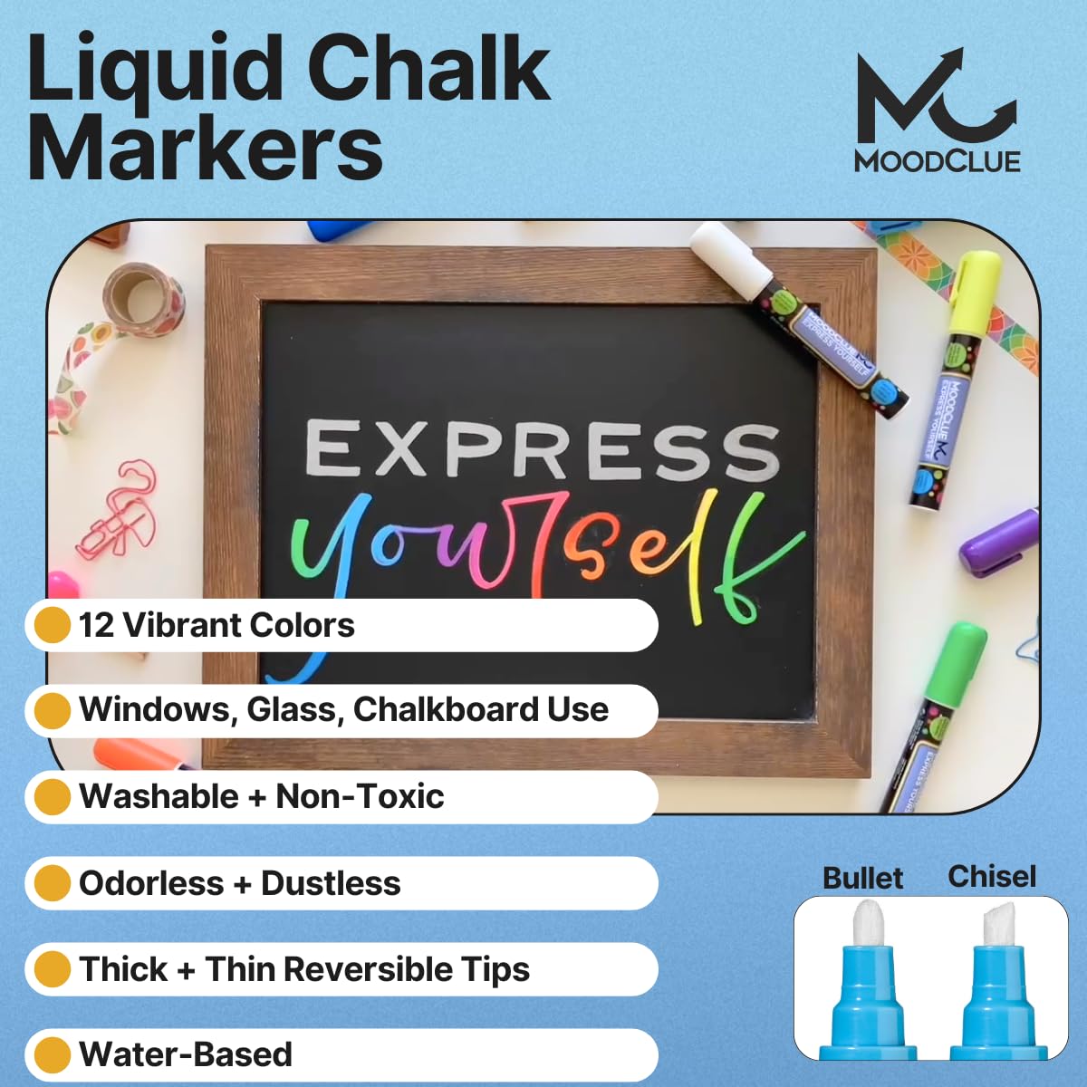 MoodClue Liquid chalk markers 12 neon erasable Whiteboards, glass boards, chalkboards, windows, mirrors, car windshields, auto, glass. Odorless, non-toxic. Wet or dry erase. Thick and thin tip