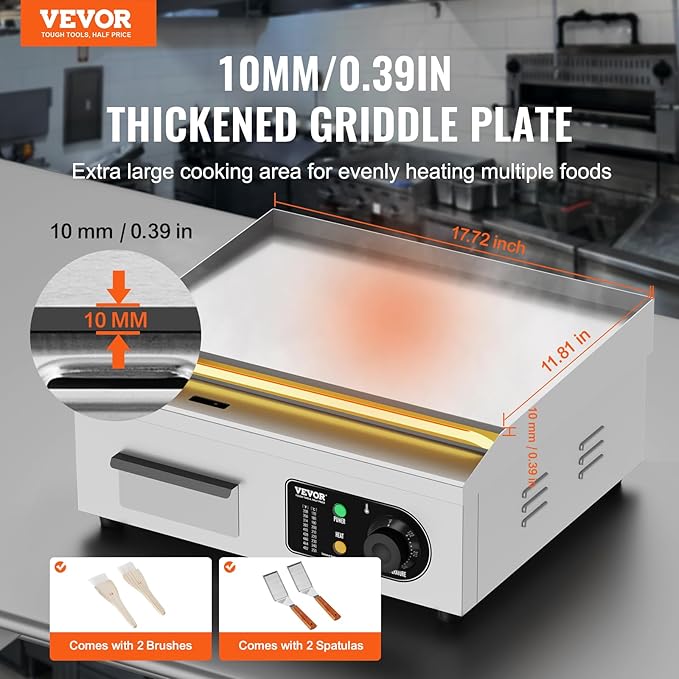 VEVOR Commercial Electric Griddle, 1700W Countertop Flat Top Grill, 18in Stainless Steel Griddle Grill with 2 Shovels and 2 Brushes for Home or Restaurant, 122℉-572 ℉ Adjustable Temp