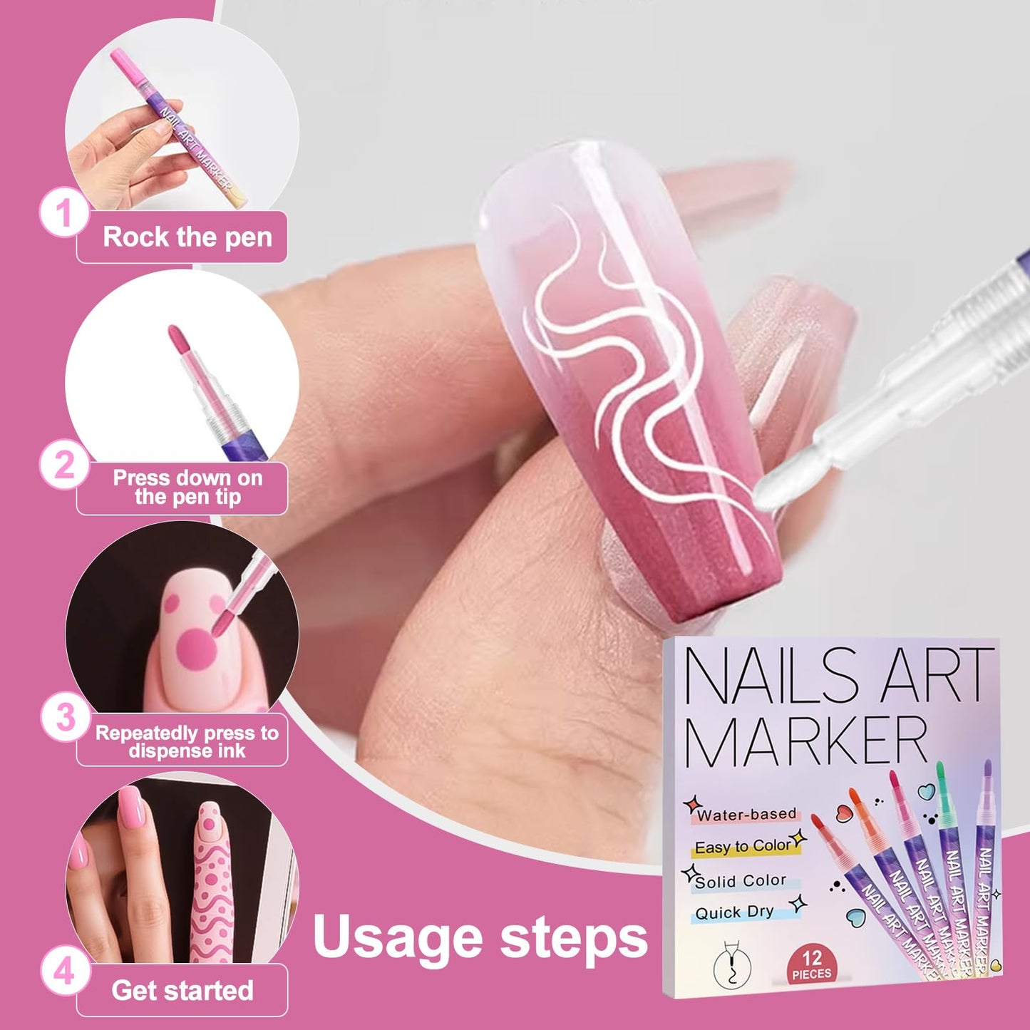 Zisen Bilen Nail Art Marker - 12 Vibrant Colors Nail Polish Markers, Quick Dry Waterproof DIY Nail Pens for Beginners