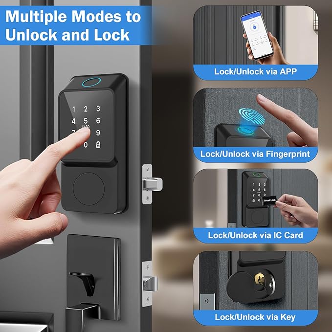 WiFi Smart Door Lock Keyless Entry with Gateway and Handles Fingerprint Touchscreen Keypad IC Card Key APP Type-C Charging Unlocking 6 in 1 Electric Biometric Digital Deadbolt for Front Doors