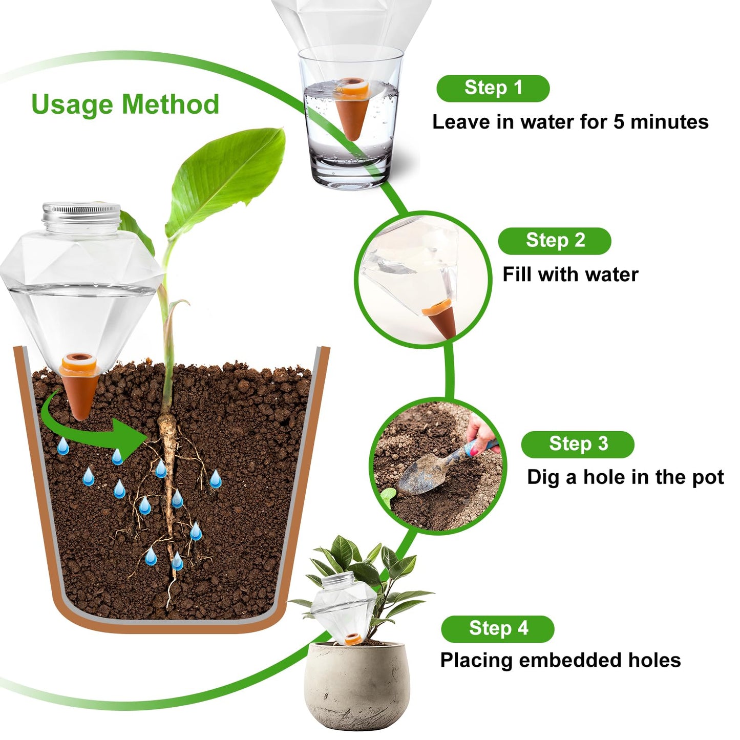 Ansberta Watering Globes XL - 2 Pcs Diamond Plastic Shape Plant Watering Globes Self Watering Planter Insert 17oz Large for Indoor＆Outdoor Plants Watering Bulbs