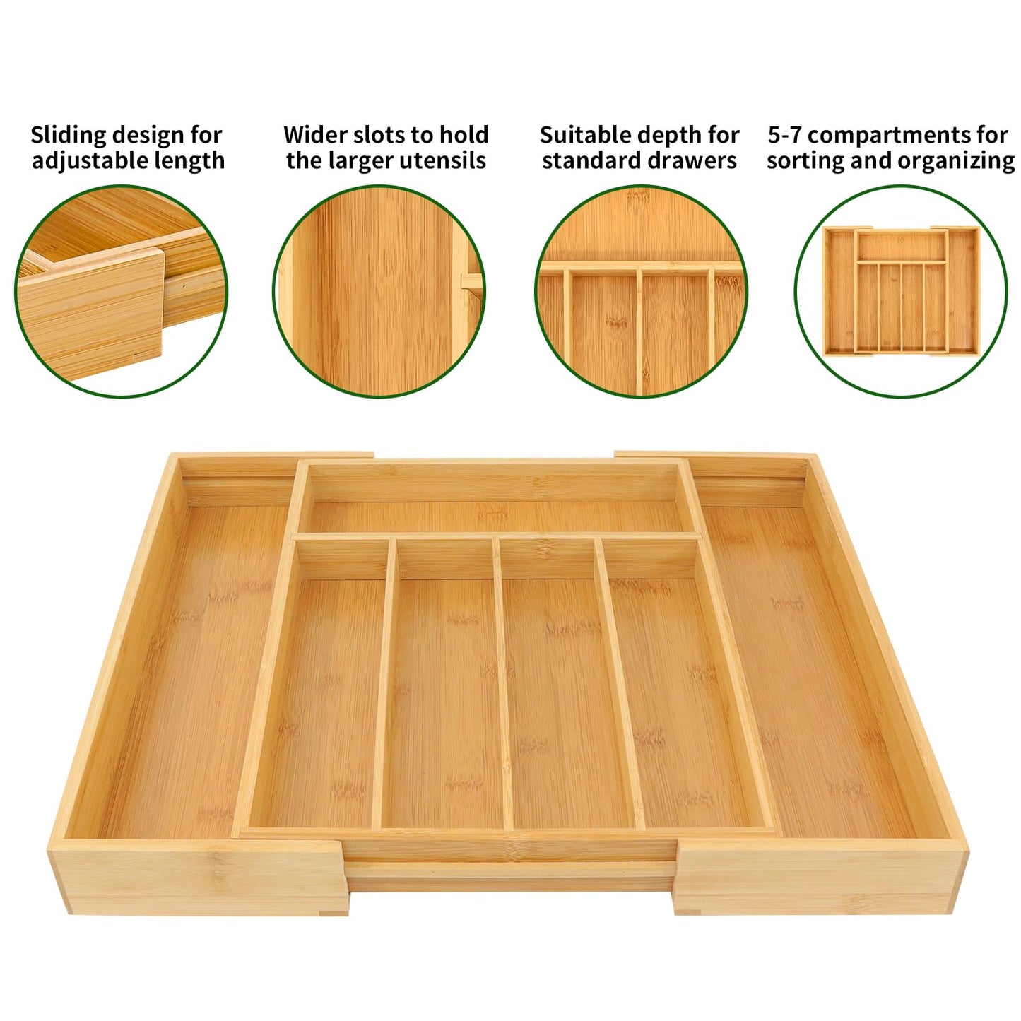 VaeFae Bamboo Drawer Organizer, Expandable Silverware Drawer Organizer, Cutlery Tray with Dividers for Kitchen Utensils, Medium